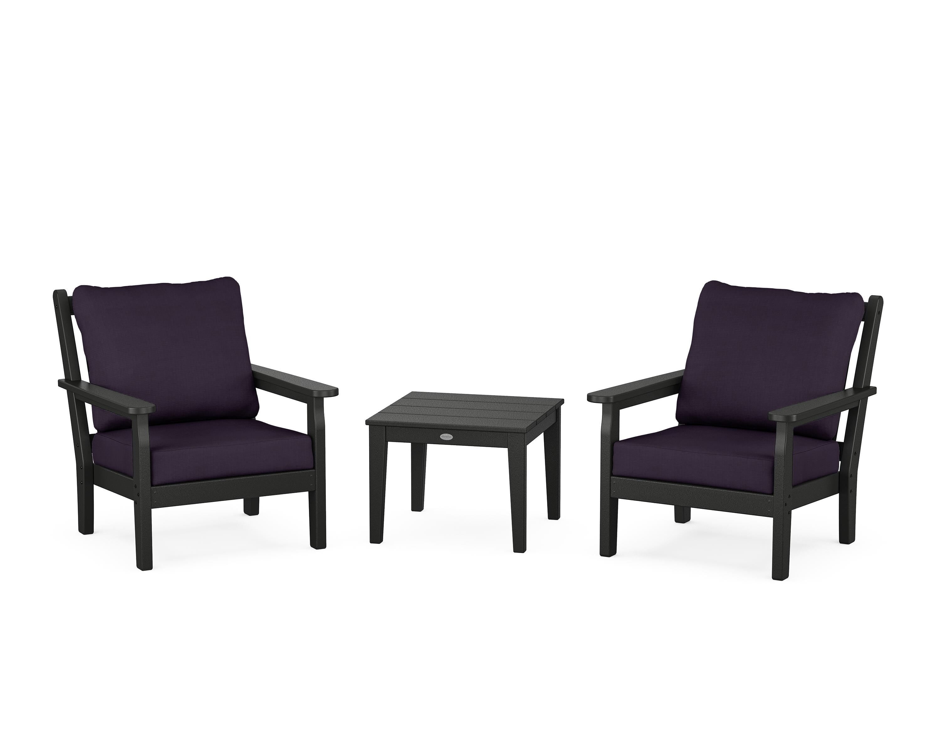 POLYWOOD Chippendale 3-Piece Deep Seating Set in Black / Navy Linen