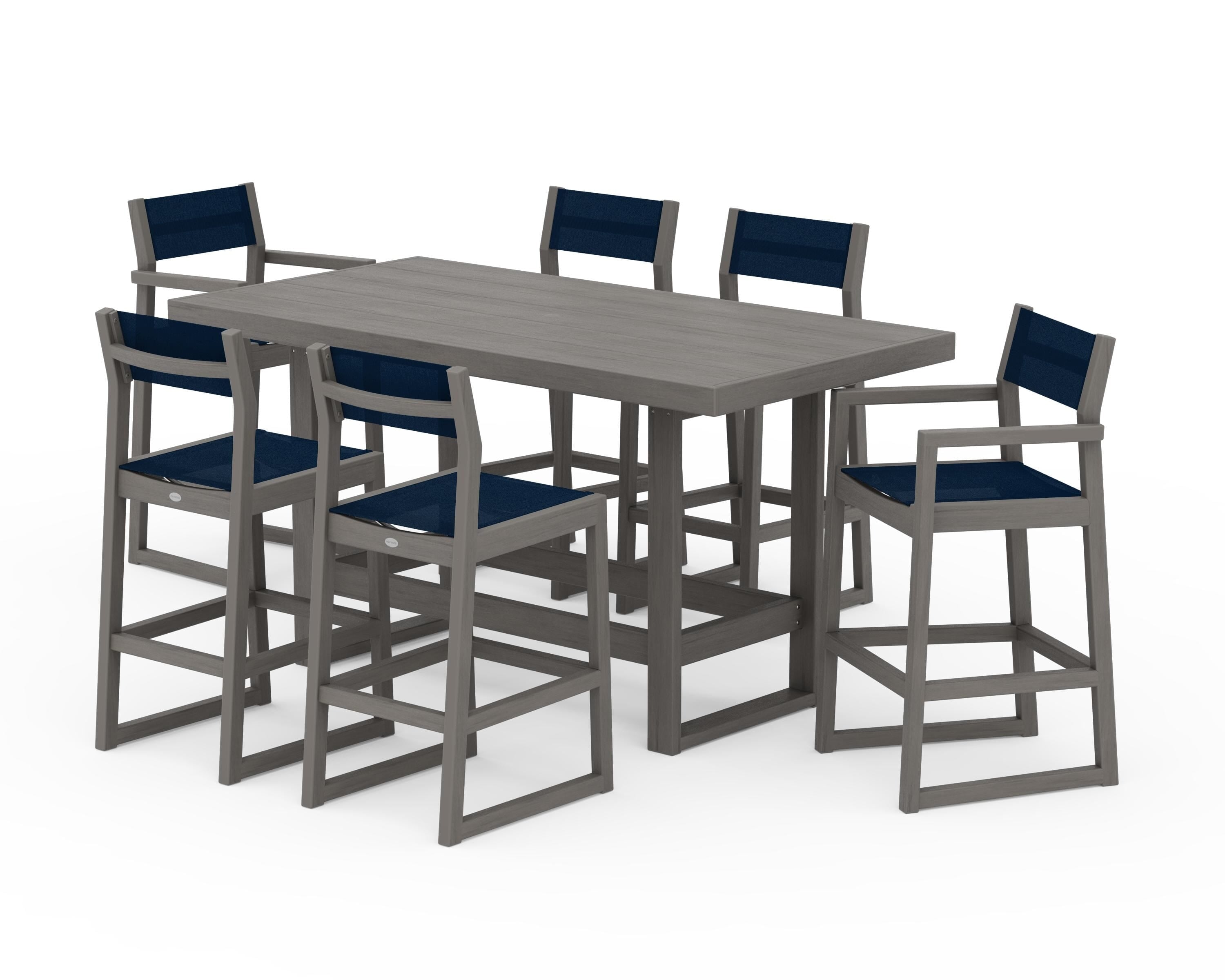 POLYWOOD EDGE Sling 7-Piece Bar Table Set in Driftwood / Navy Blue Sling
