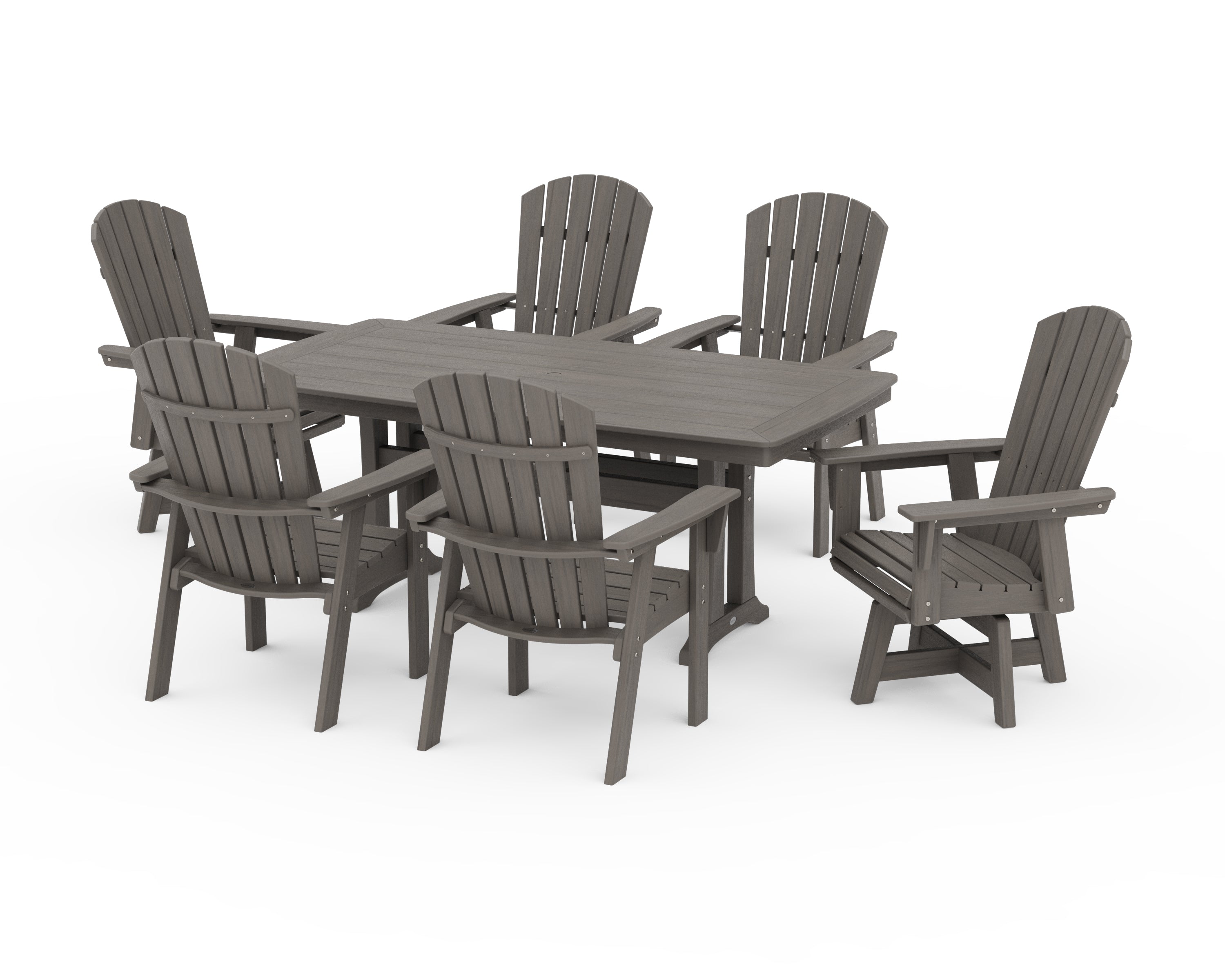 POLYWOOD Nautical Curveback Adirondack Swivel Chair 7-Piece Dining Set with Trestle Legs in Driftwood