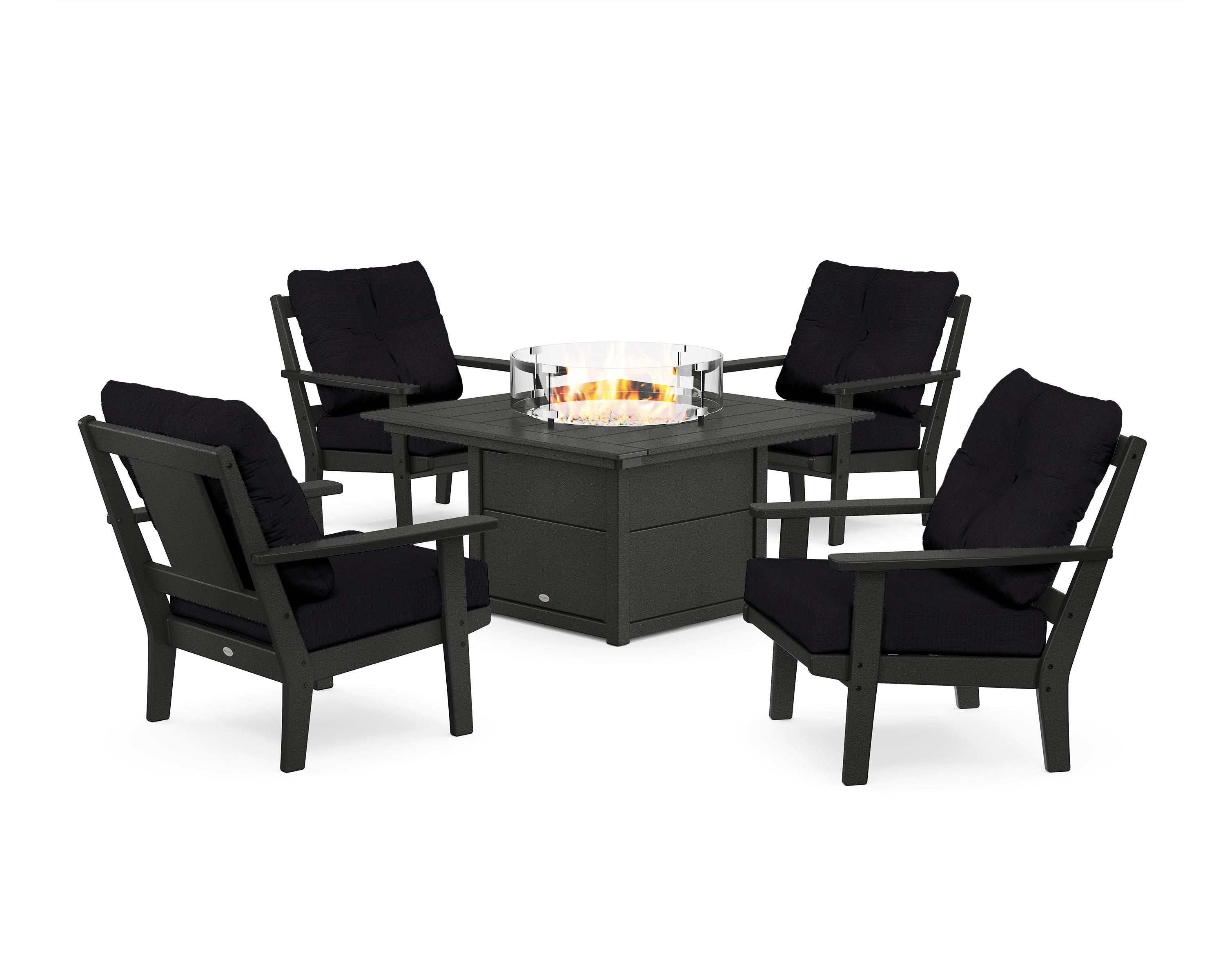 POLYWOOD Prairie 5-Piece Deep Seating Set with Fire Pit Table in Black / Midnight Linen