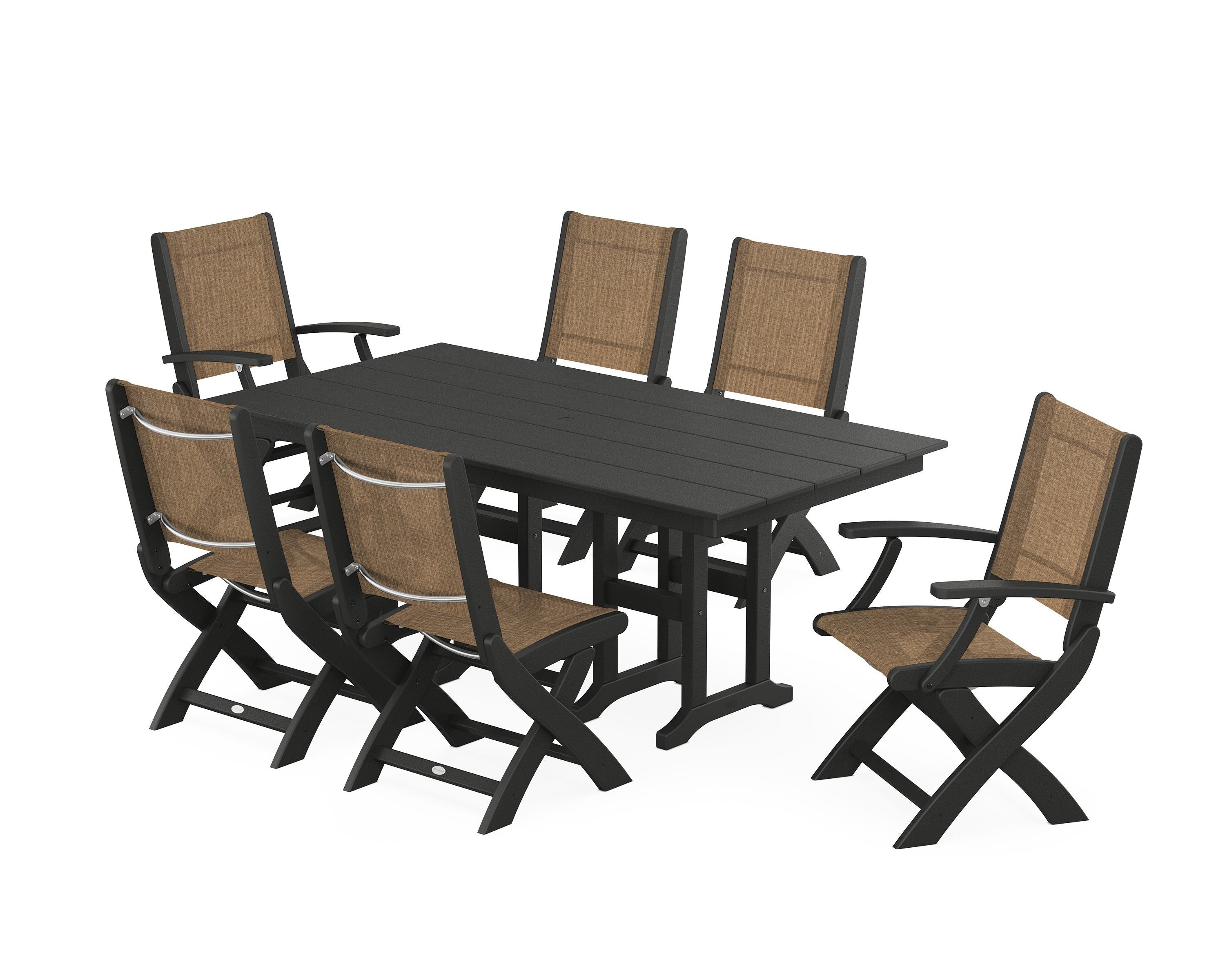 POLYWOOD Coastal Folding Chair 7-Piece Farmhouse Dining Set in Black / Burlap Sling