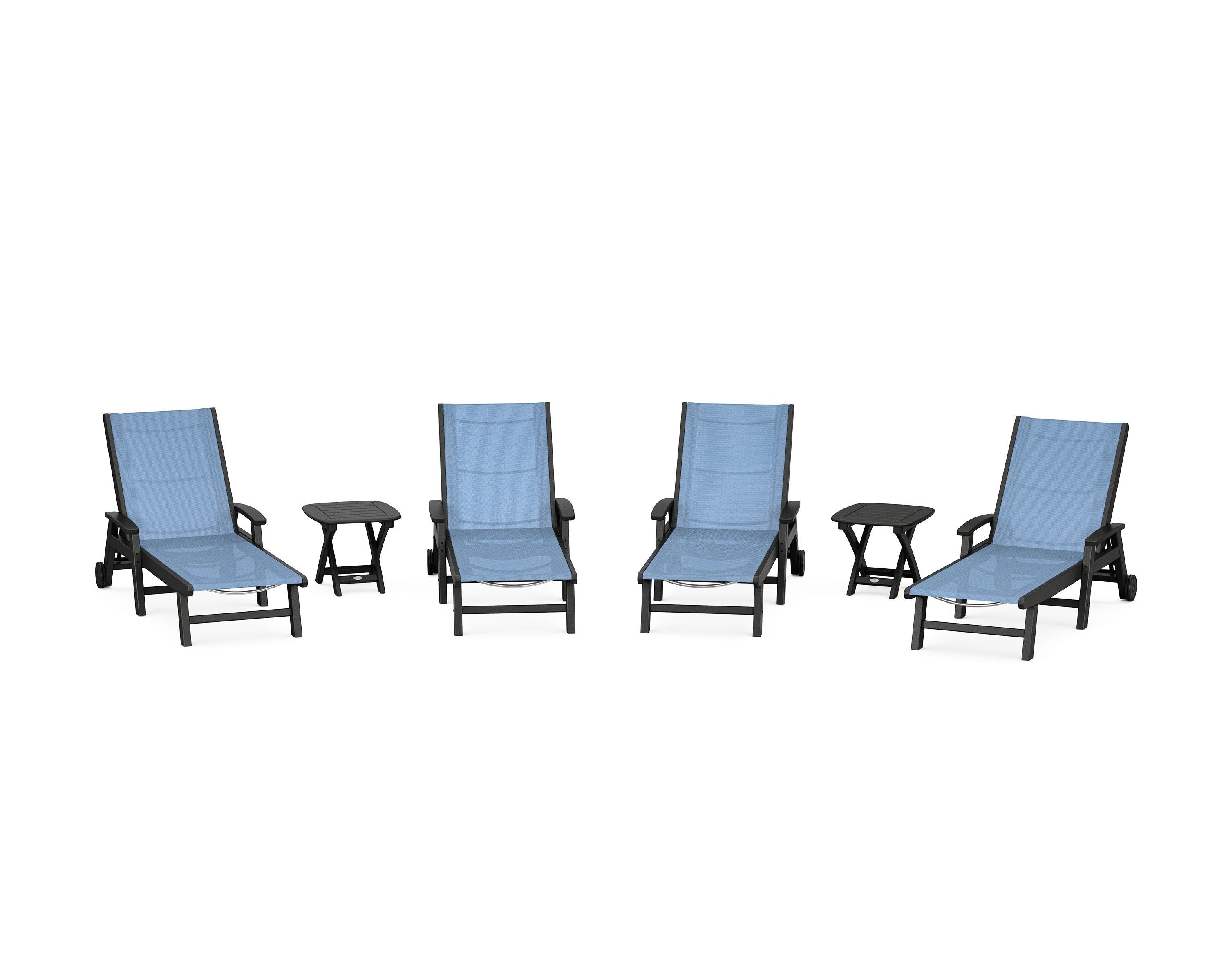 POLYWOOD Coastal Chaise 6-Piece Set with Wheels in Black / Poolside Sling