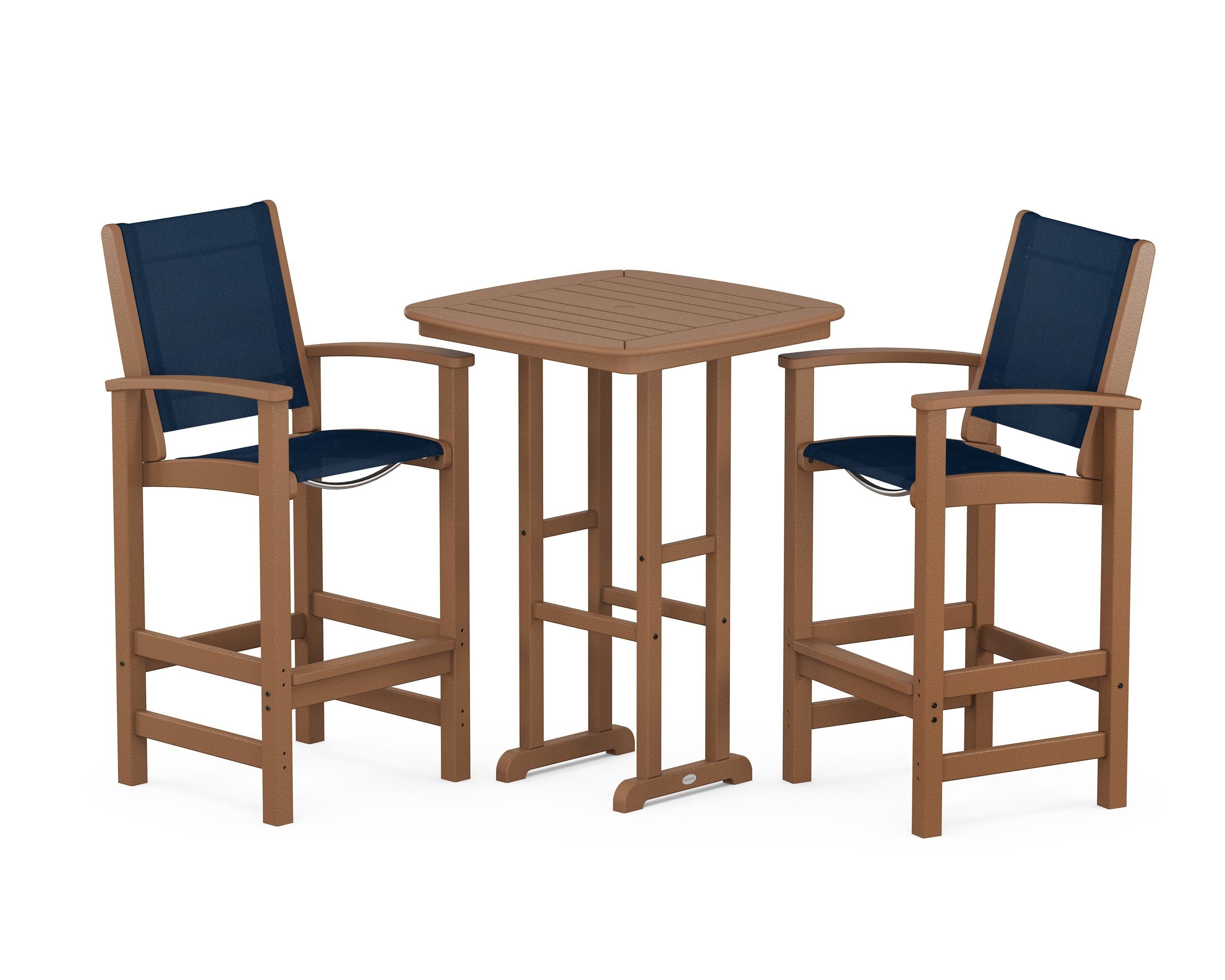 POLYWOOD Coastal 3-Piece Bar Set in Teak / Navy Blue Sling