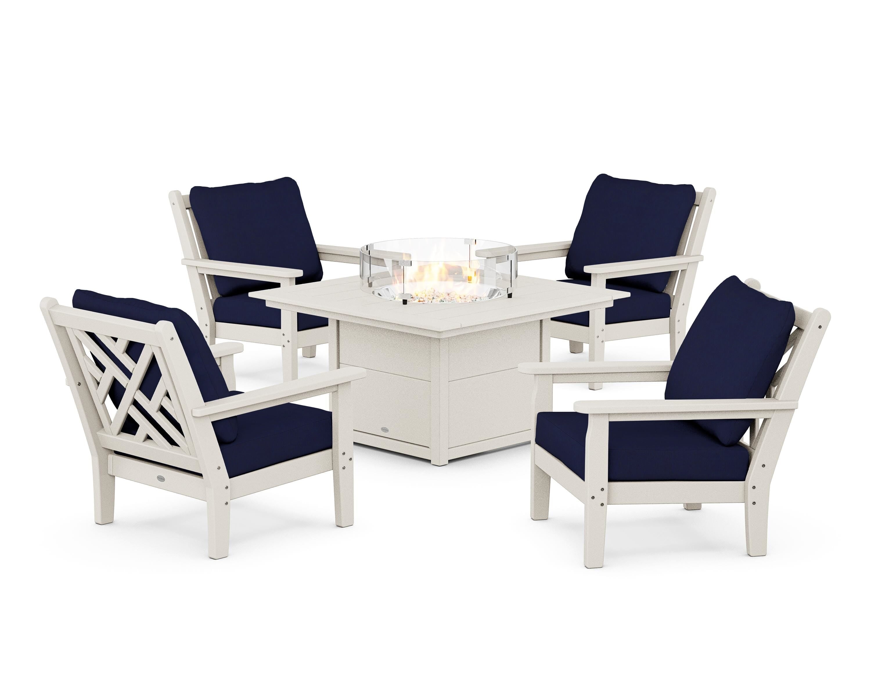 POLYWOOD Chippendale 5-Piece Deep Seating Set with Fire Pit Table in Sand / Navy