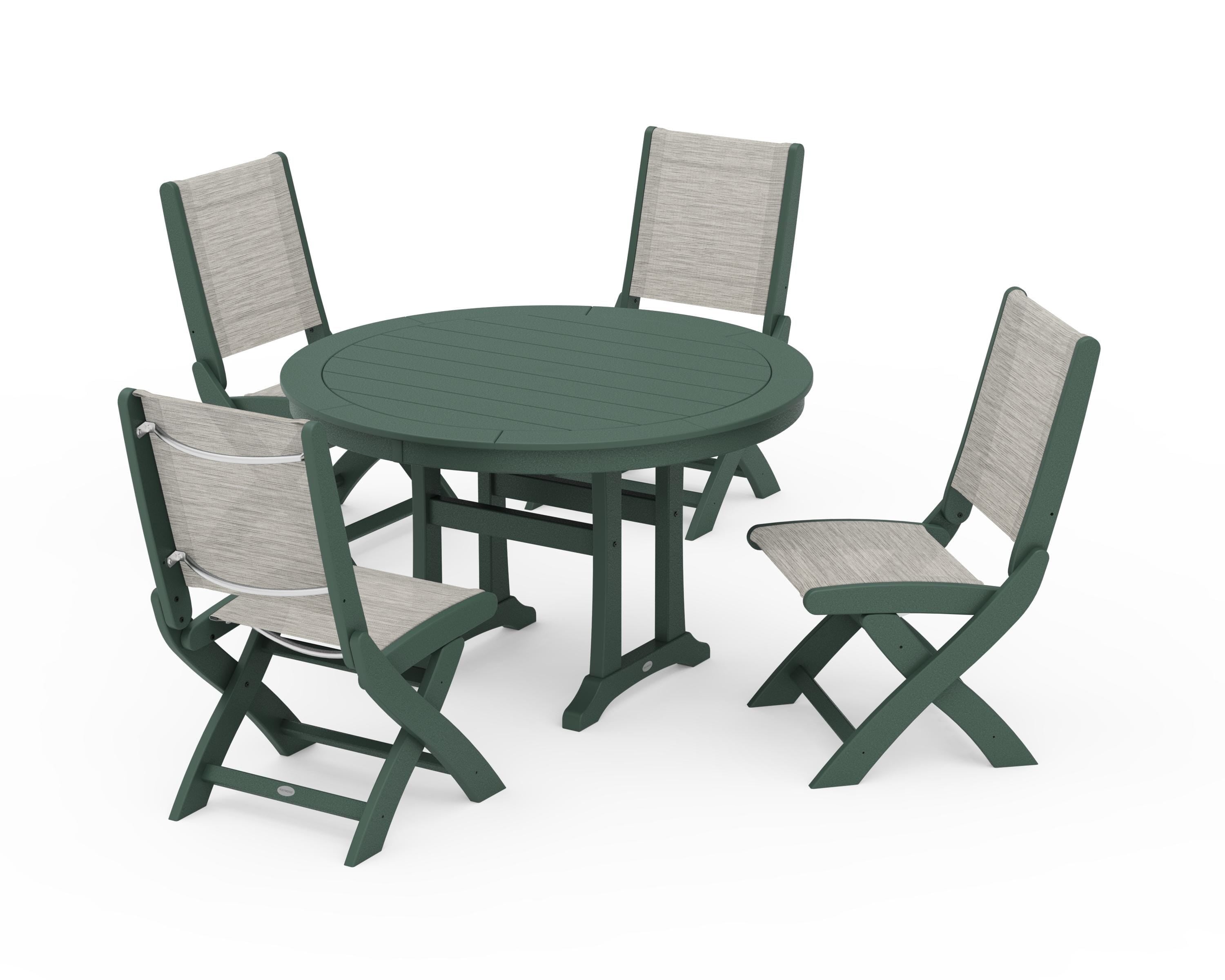 POLYWOOD Coastal Folding Side Chair 5-Piece Round Dining Set With Trestle Legs in Green / Birch Sling