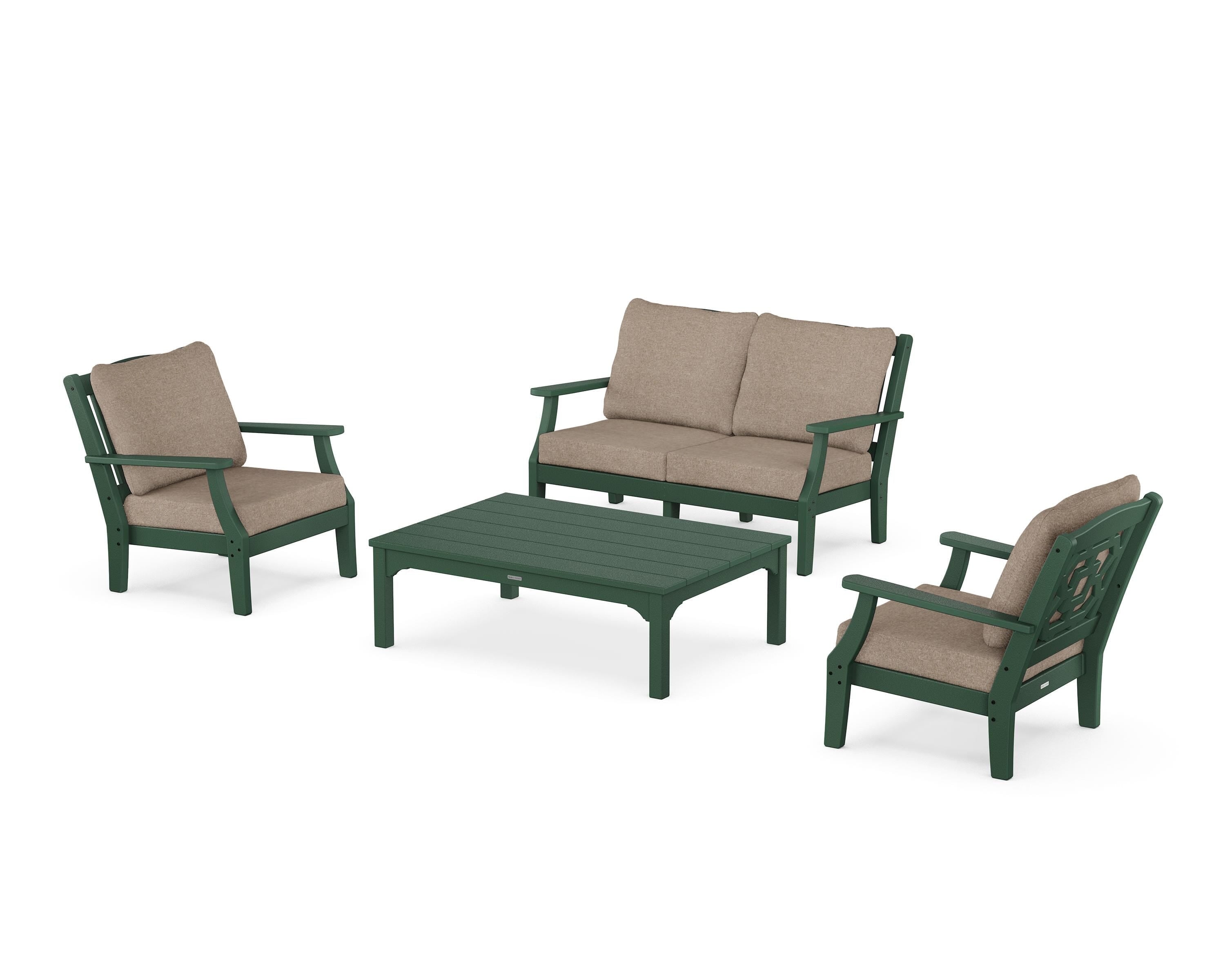 Martha Stewart by POLYWOOD Chinoiserie 4-Piece Deep Seating Set with Loveseat in Green / Spiced Burlap