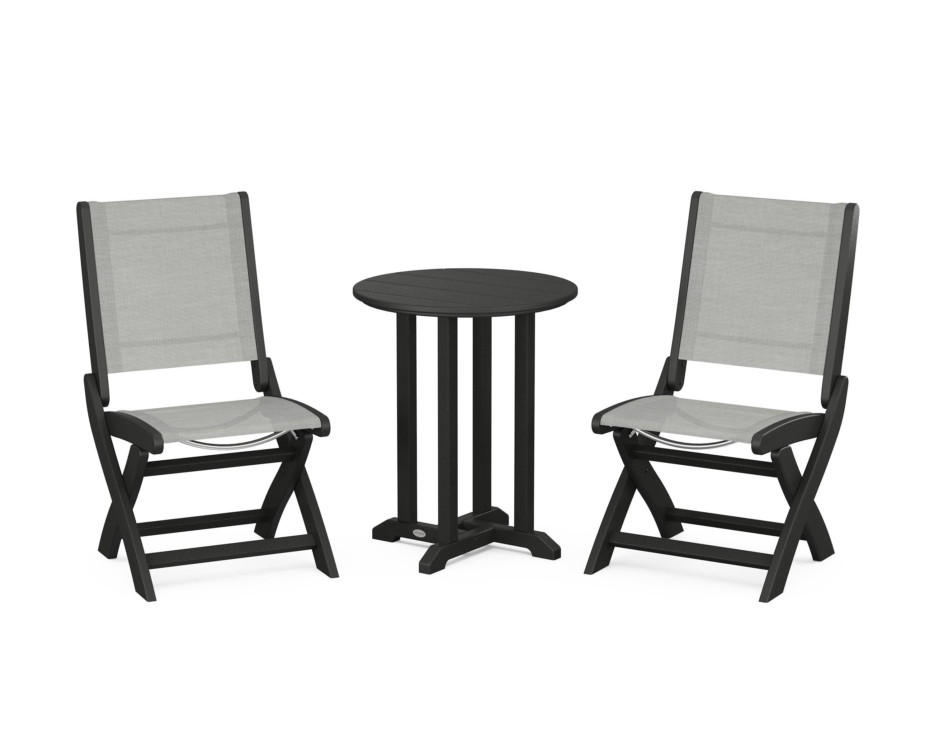 POLYWOOD Coastal Folding Side Chair 3-Piece Round Bistro Dining Set in Black / Metallic Sling