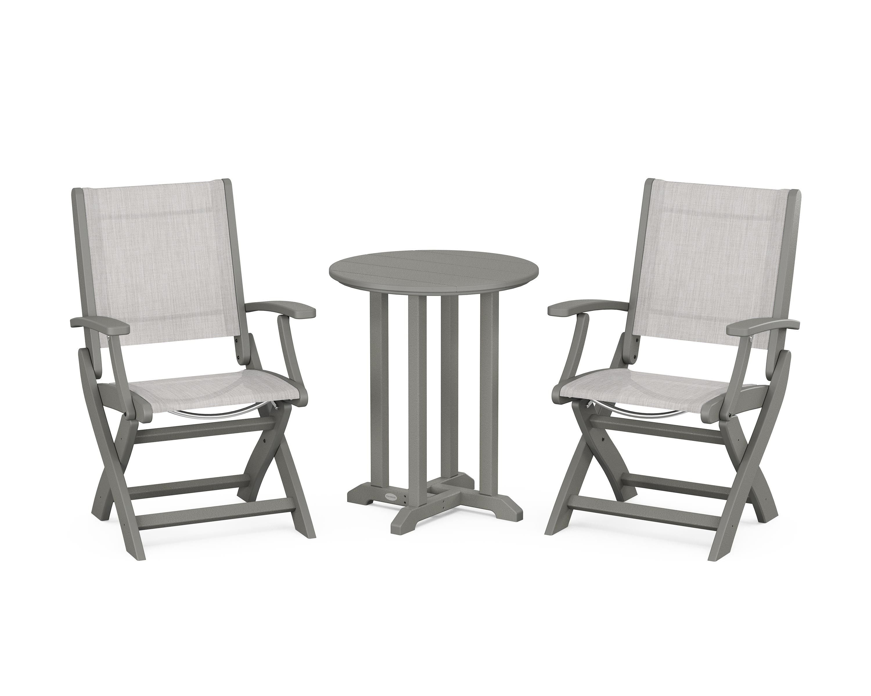POLYWOOD Coastal Folding 3-Piece Round Bistro Dining Set in Slate Grey / Parchment Sling
