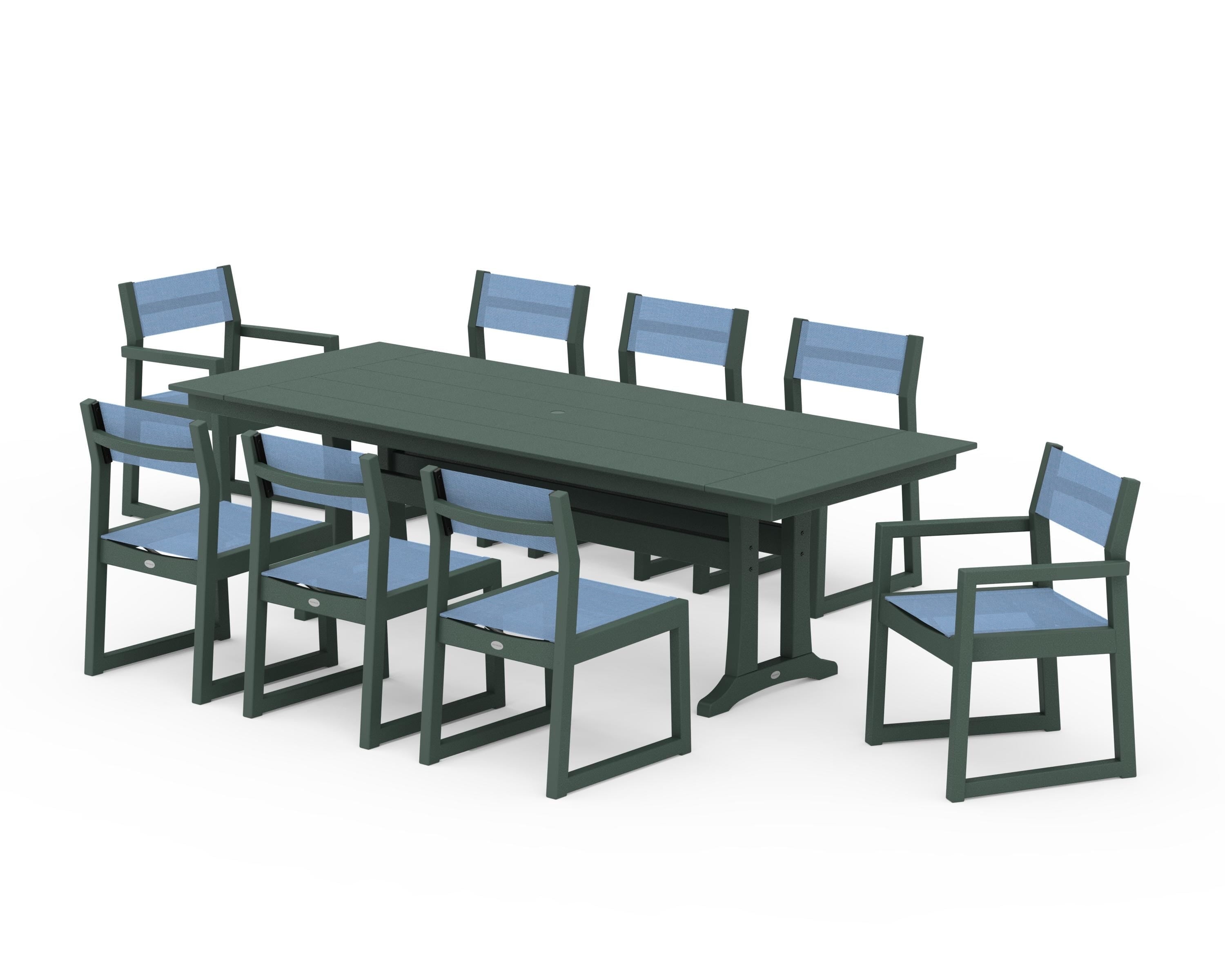 POLYWOOD EDGE Sling 9-Piece Farmhouse Trestle Dining Set in Green / Poolside Sling
