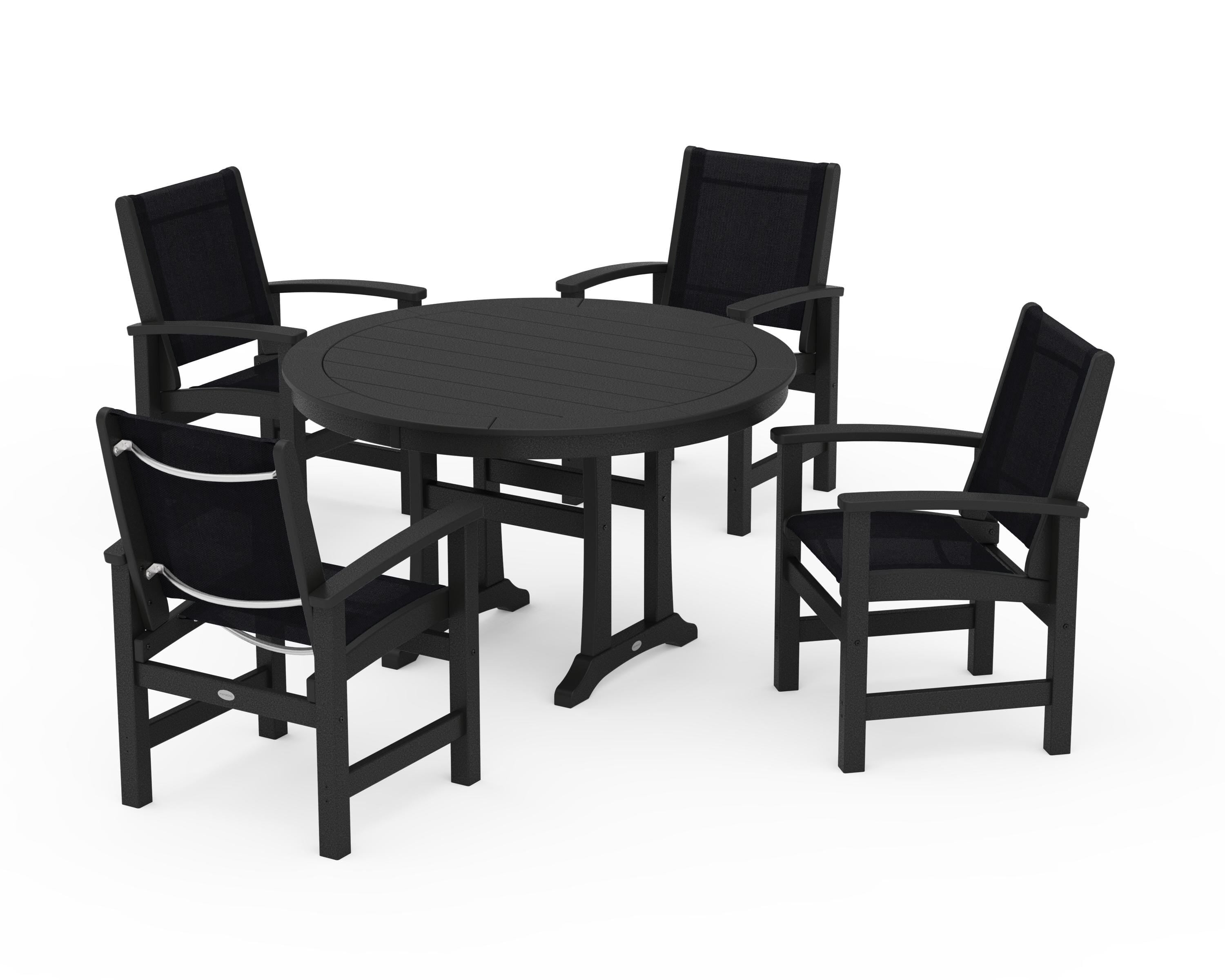 POLYWOOD Coastal 5-Piece Round Dining Set with Trestle Legs in Black / Black Sling