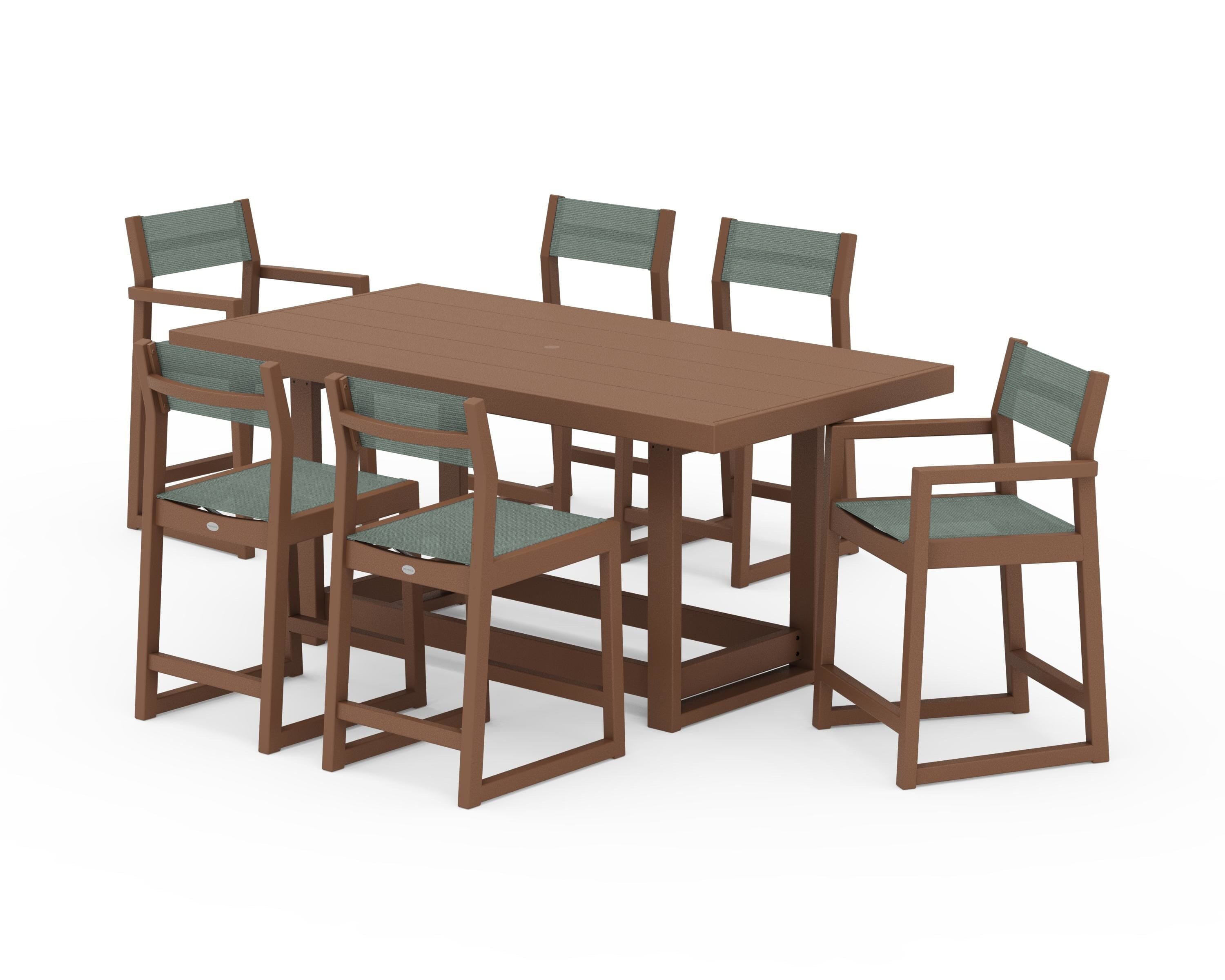 POLYWOOD EDGE Sling 7-Piece Counter Table Set in Teak / Dupioni Sea Mist Sling
