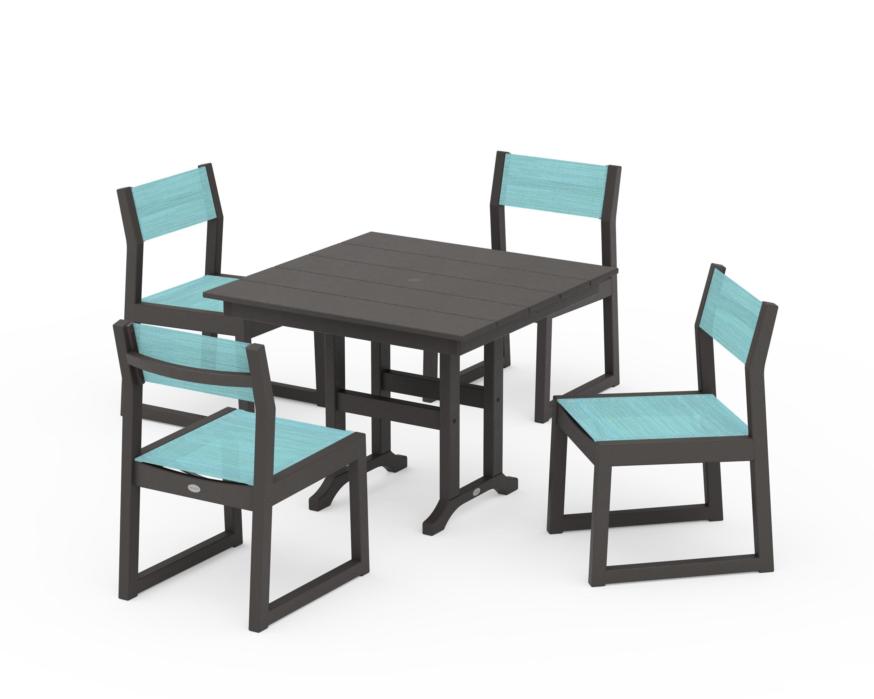 POLYWOOD EDGE Sling Side Chair 5-Piece Farmhouse Dining Set in Vintage Coffee / Dupioni Aquamarine Sling