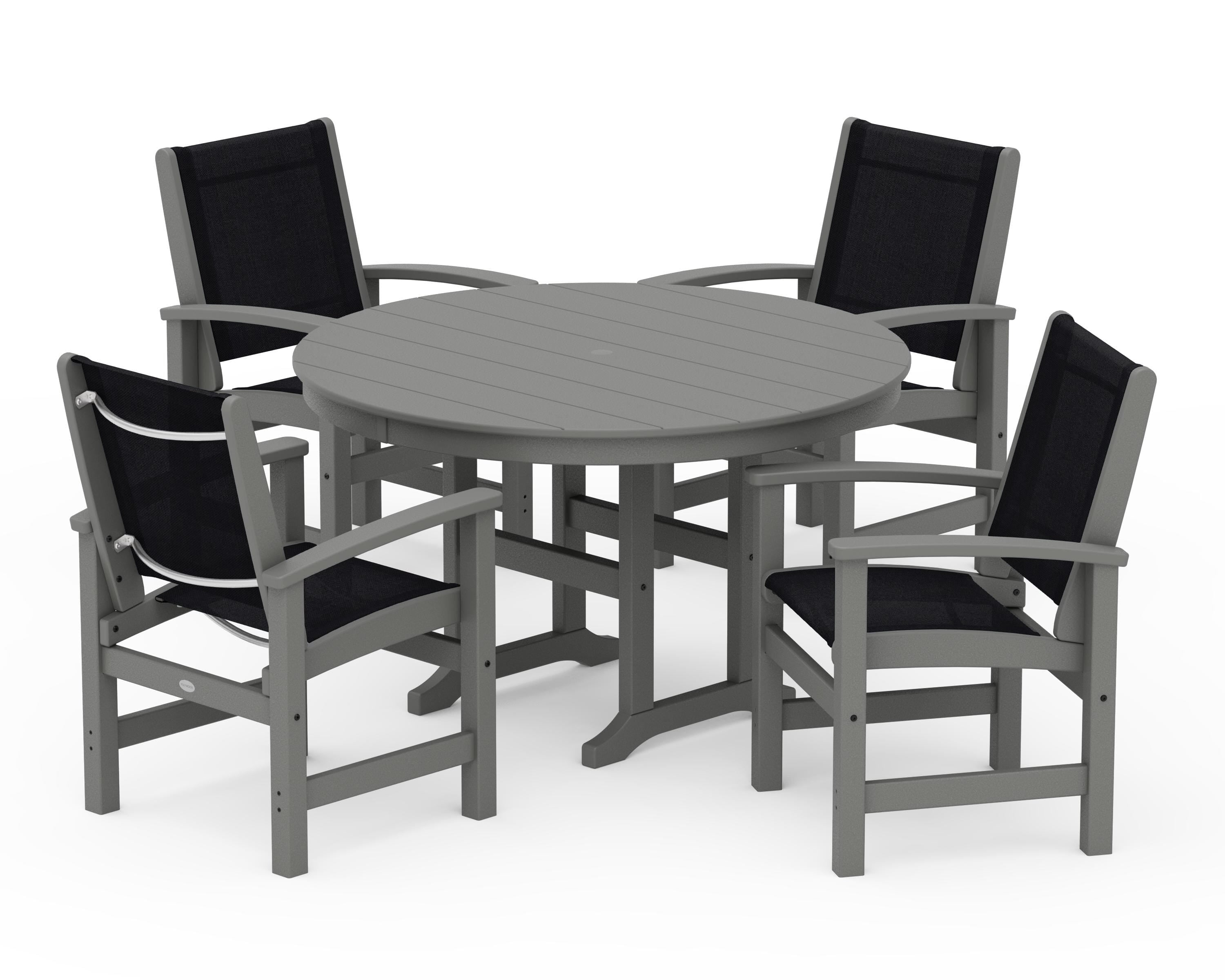 POLYWOOD Coastal 5-Piece Round Farmhouse Dining Set in Slate Grey / Black Sling