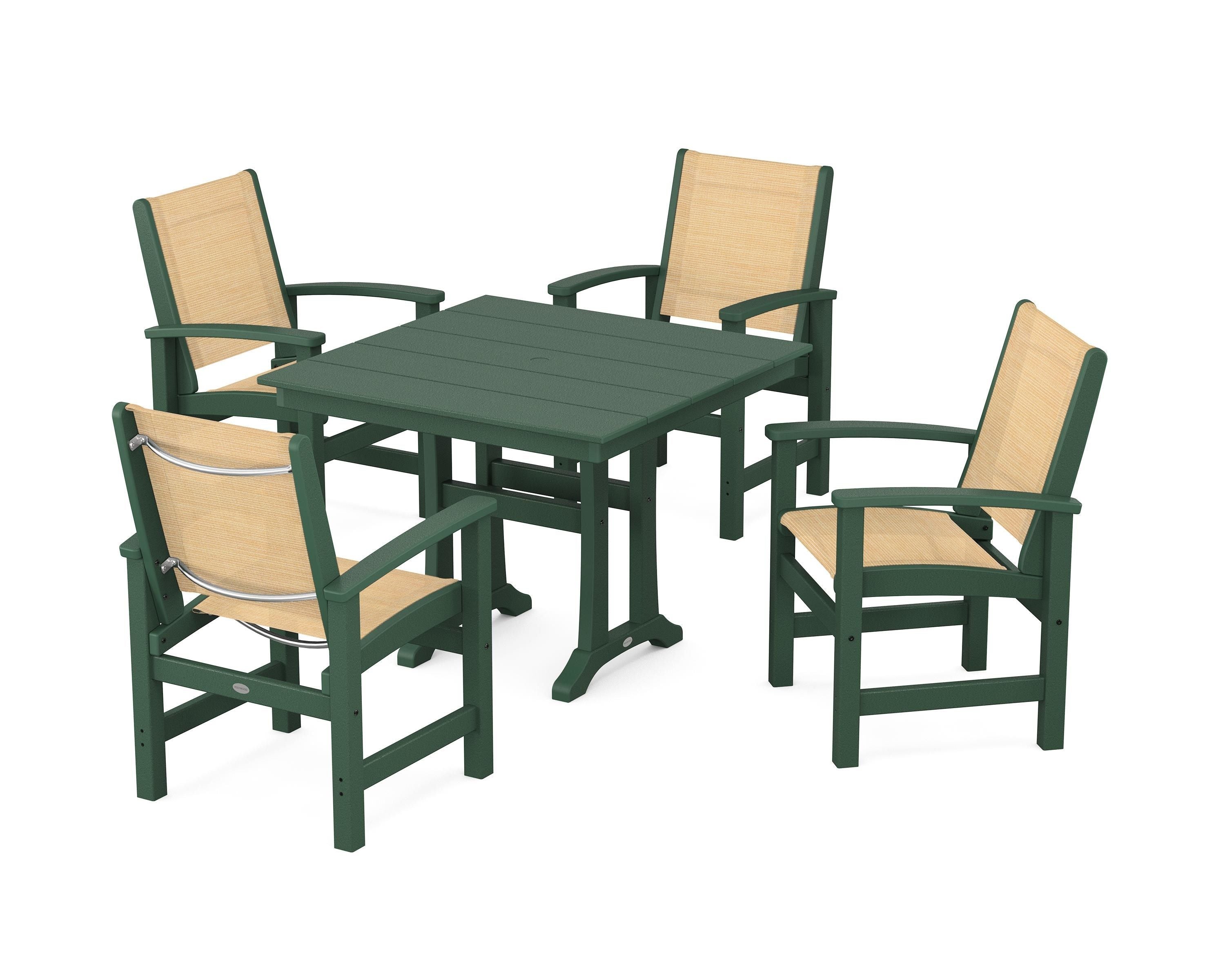POLYWOOD Coastal 5-Piece Farmhouse Dining Set With Trestle Legs in Green / Dupioni Apricot Sling