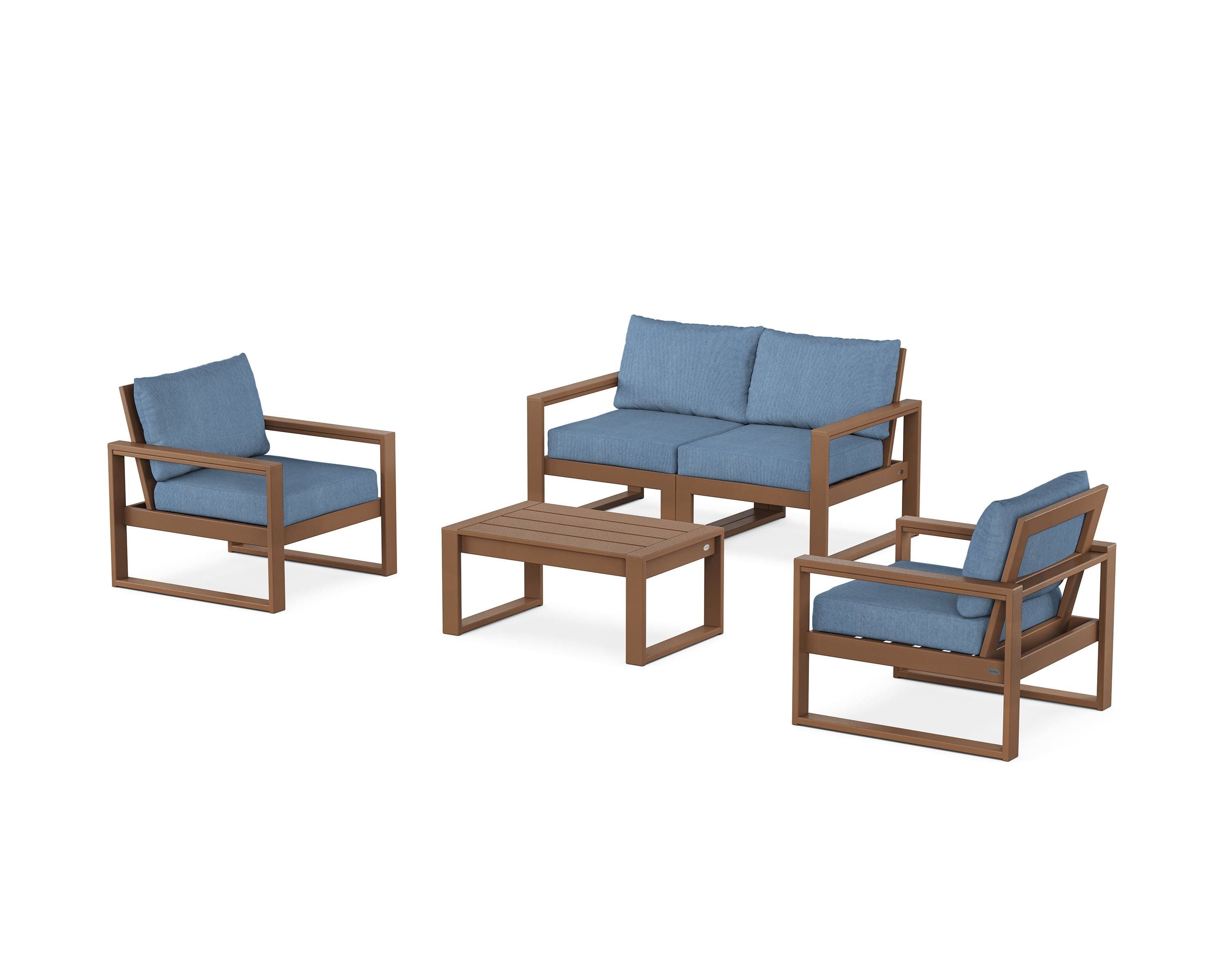 POLYWOOD EDGE Sectional 4-Piece Deep Seating Set with Loveseat in Teak / Sky Blue
