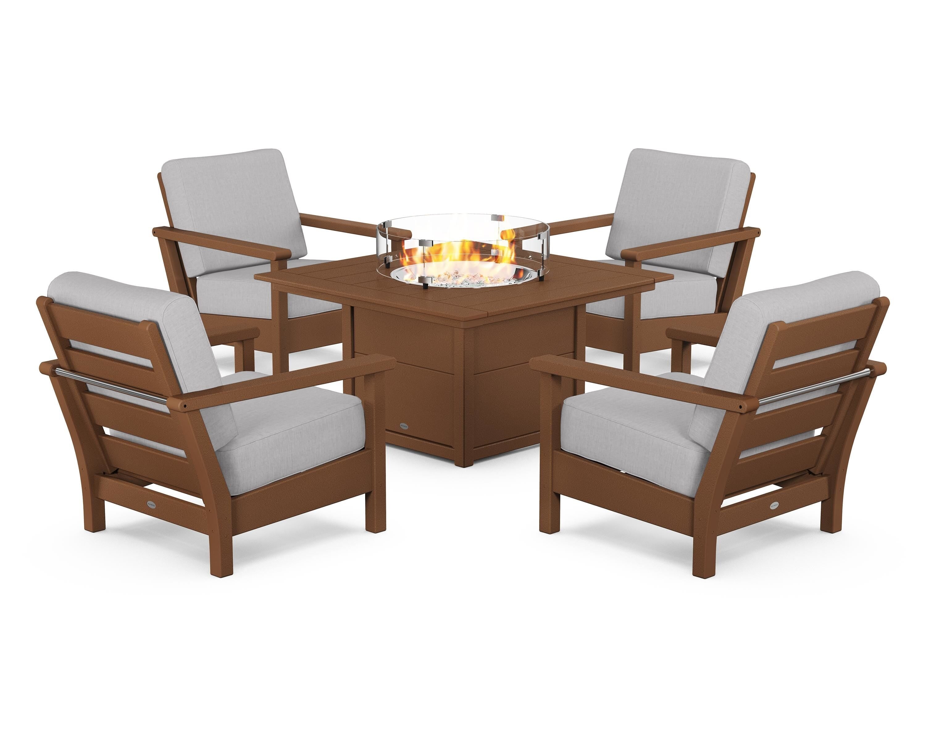 POLYWOOD Harbour 5-Piece Conversation Set with Fire Pit Table in Teak / Granite