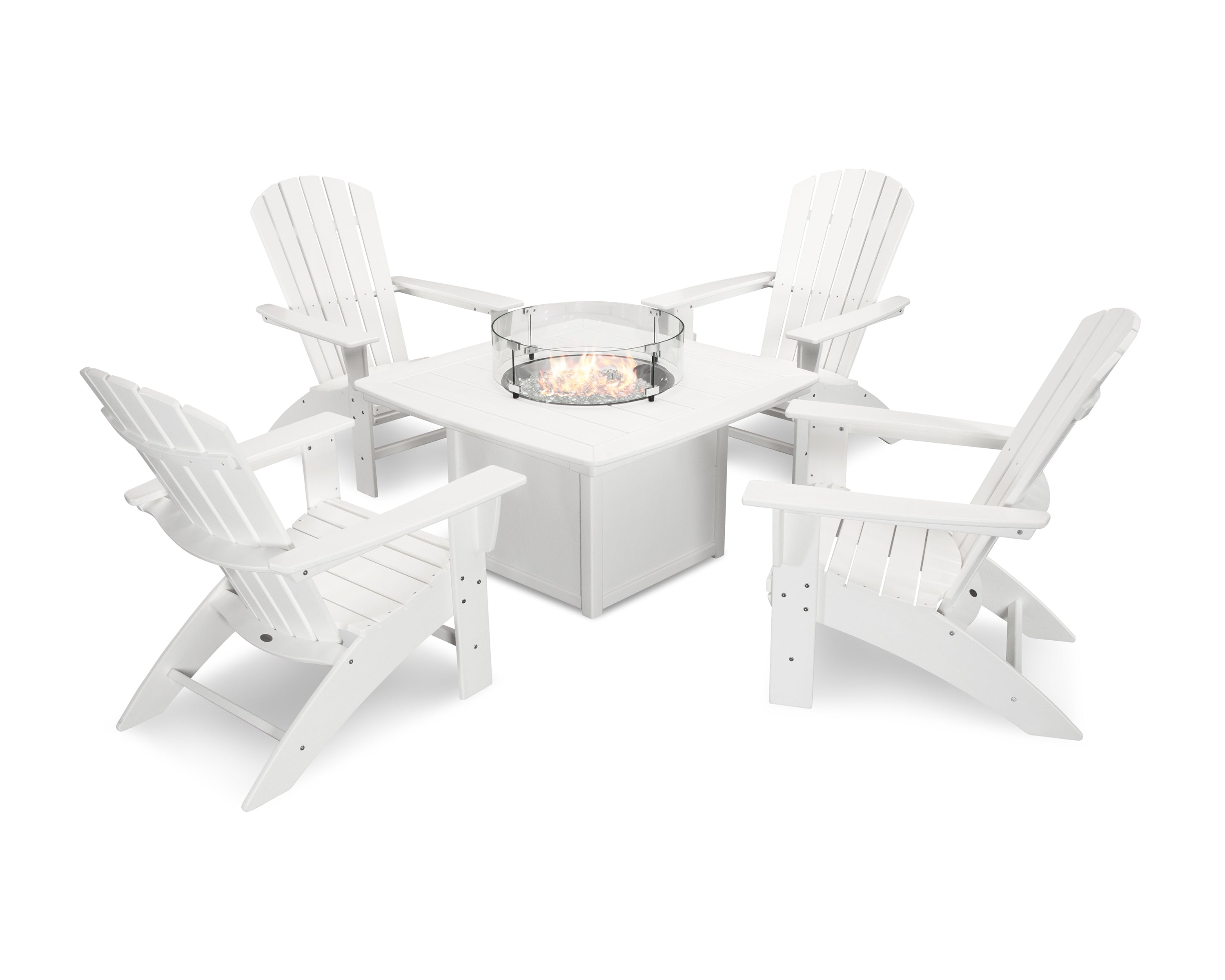 POLYWOOD® Nautical Curveback Adirondack 5-Piece Conversation Set with Fire Pit Table in White