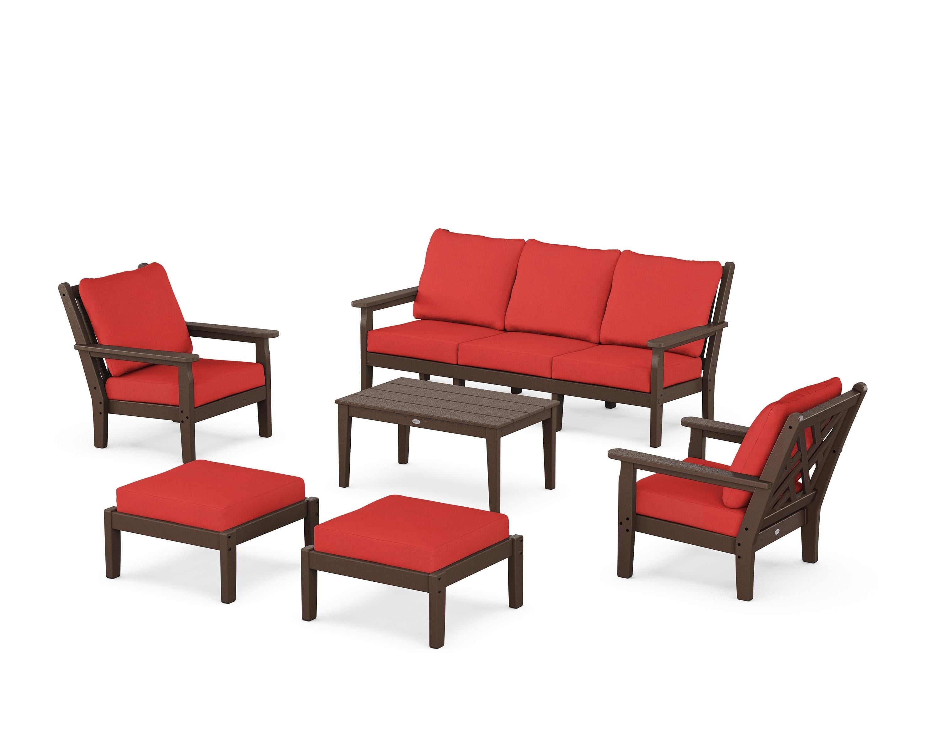 POLYWOOD Chippendale 6-Piece Lounge Sofa Set in Mahogany / Crimson Linen