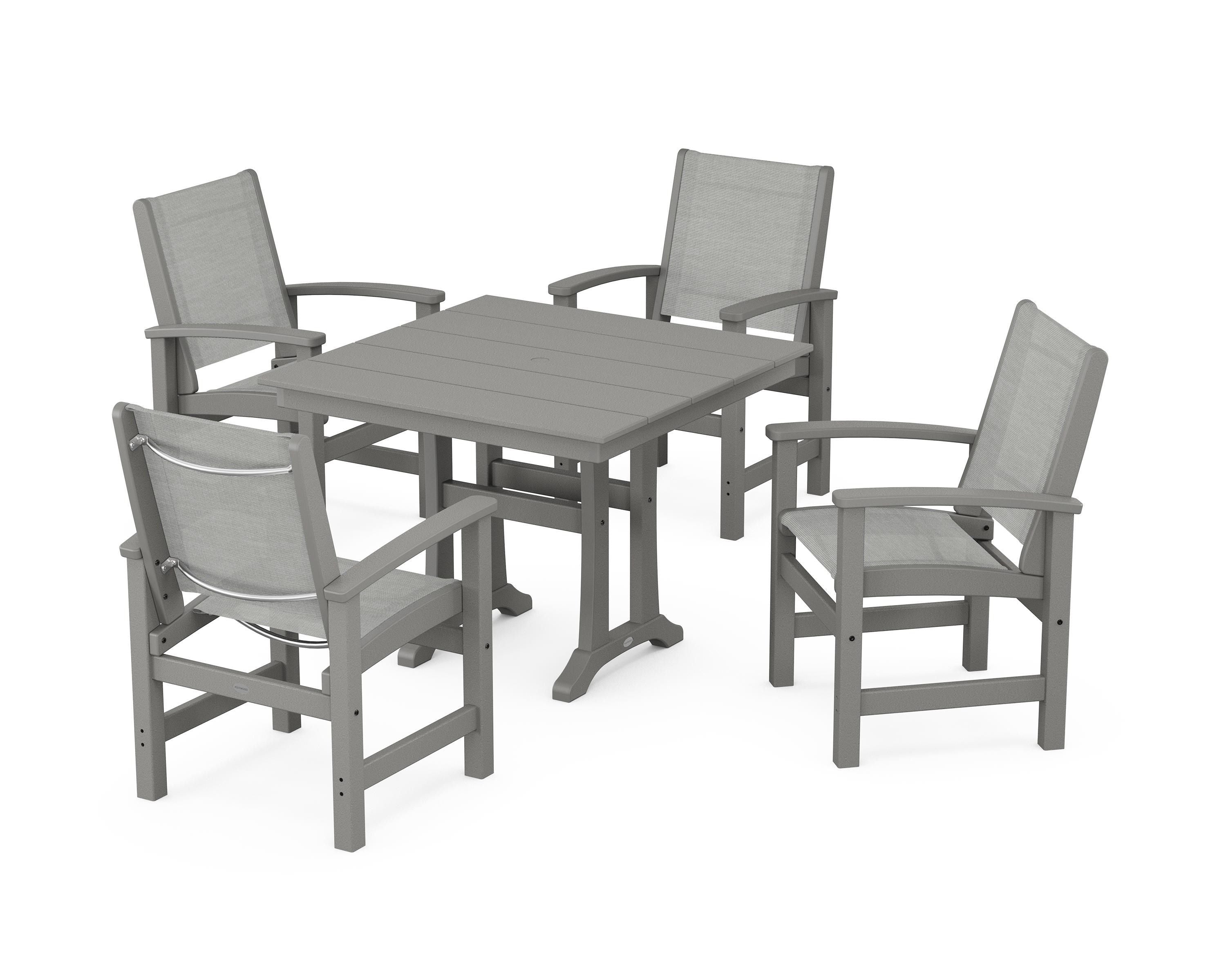 POLYWOOD Coastal 5-Piece Farmhouse Dining Set With Trestle Legs in Slate Grey / Metallic Sling
