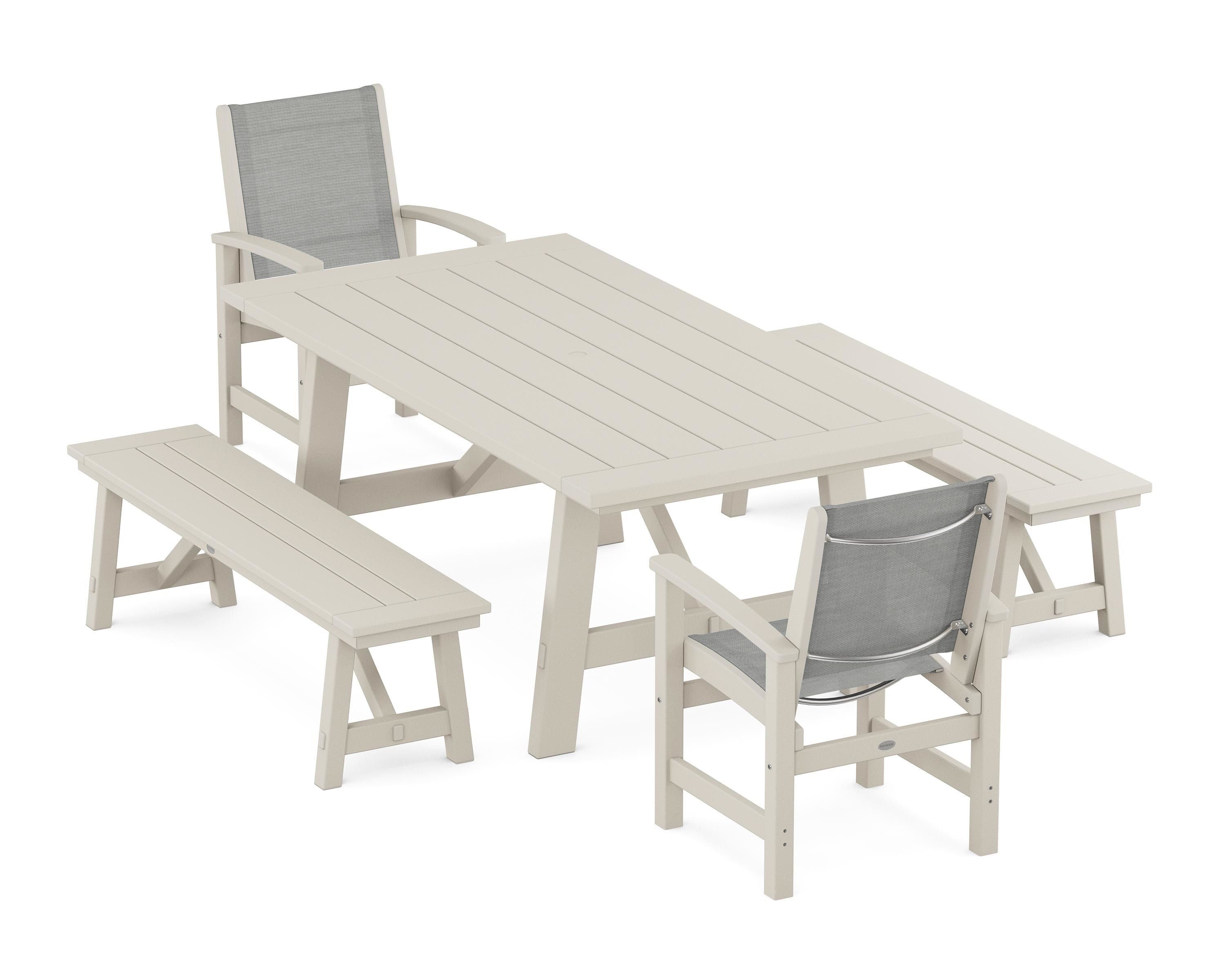 POLYWOOD Coastal 5-Piece Rustic Farmhouse Dining Set With Benches in Sand / Metallic Sling