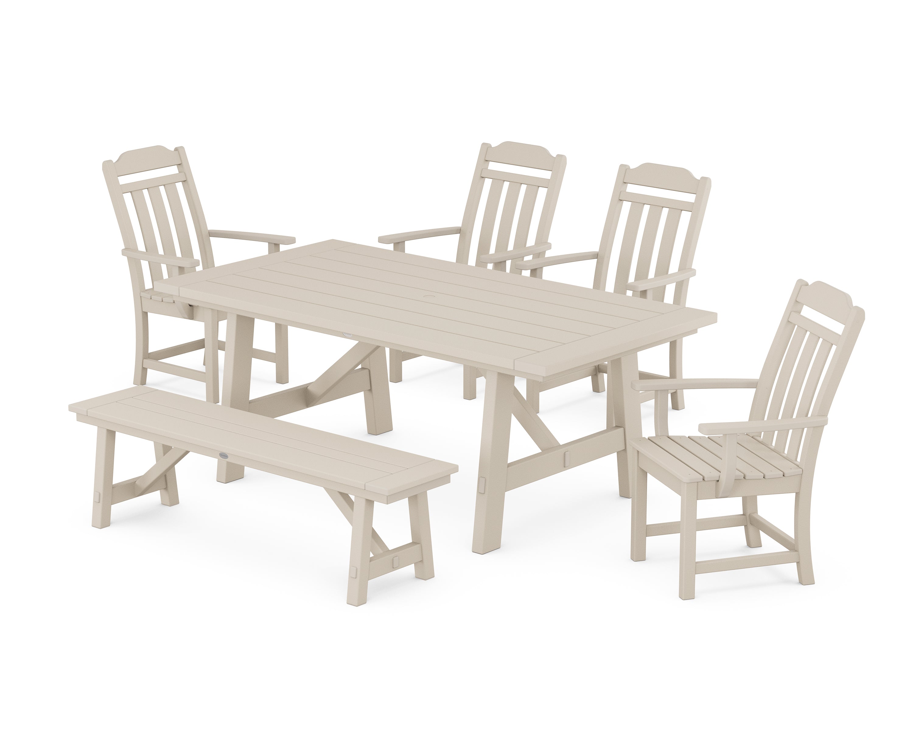 Polywood Country Living 6-Piece Rustic Farmhouse Dining Set with Bench in Sand