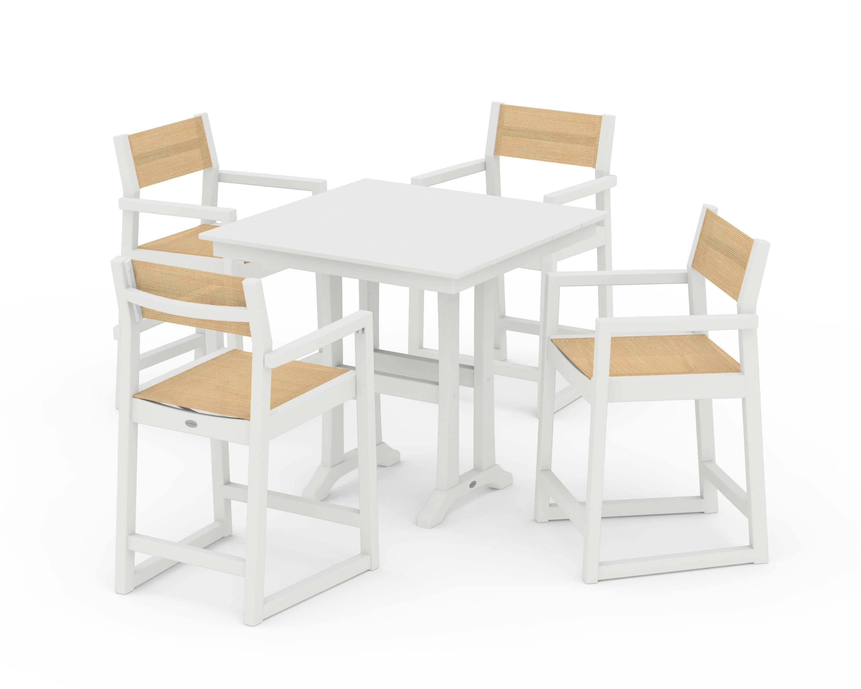 POLYWOOD EDGE Sling Arm Chair 5-Piece Farmhouse Counter Set with Trestle Legs in White / Dupioni Apricot Sling