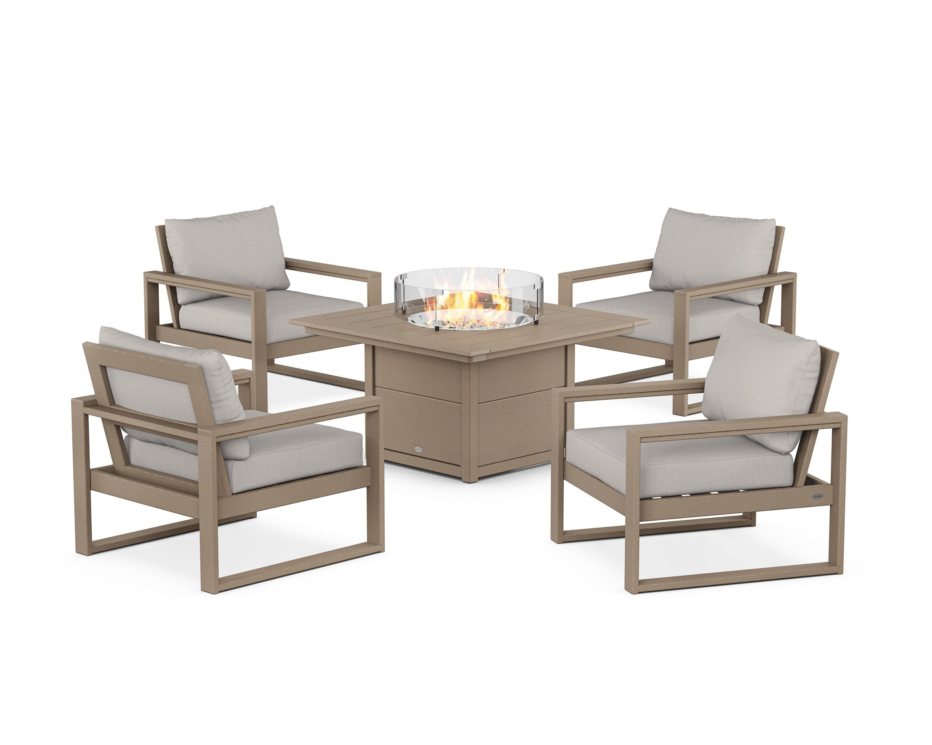 POLYWOOD EDGE Sectional 5-Piece Deep Seating Set with Fire Pit Table in Vintage Sahara / Cast Ash