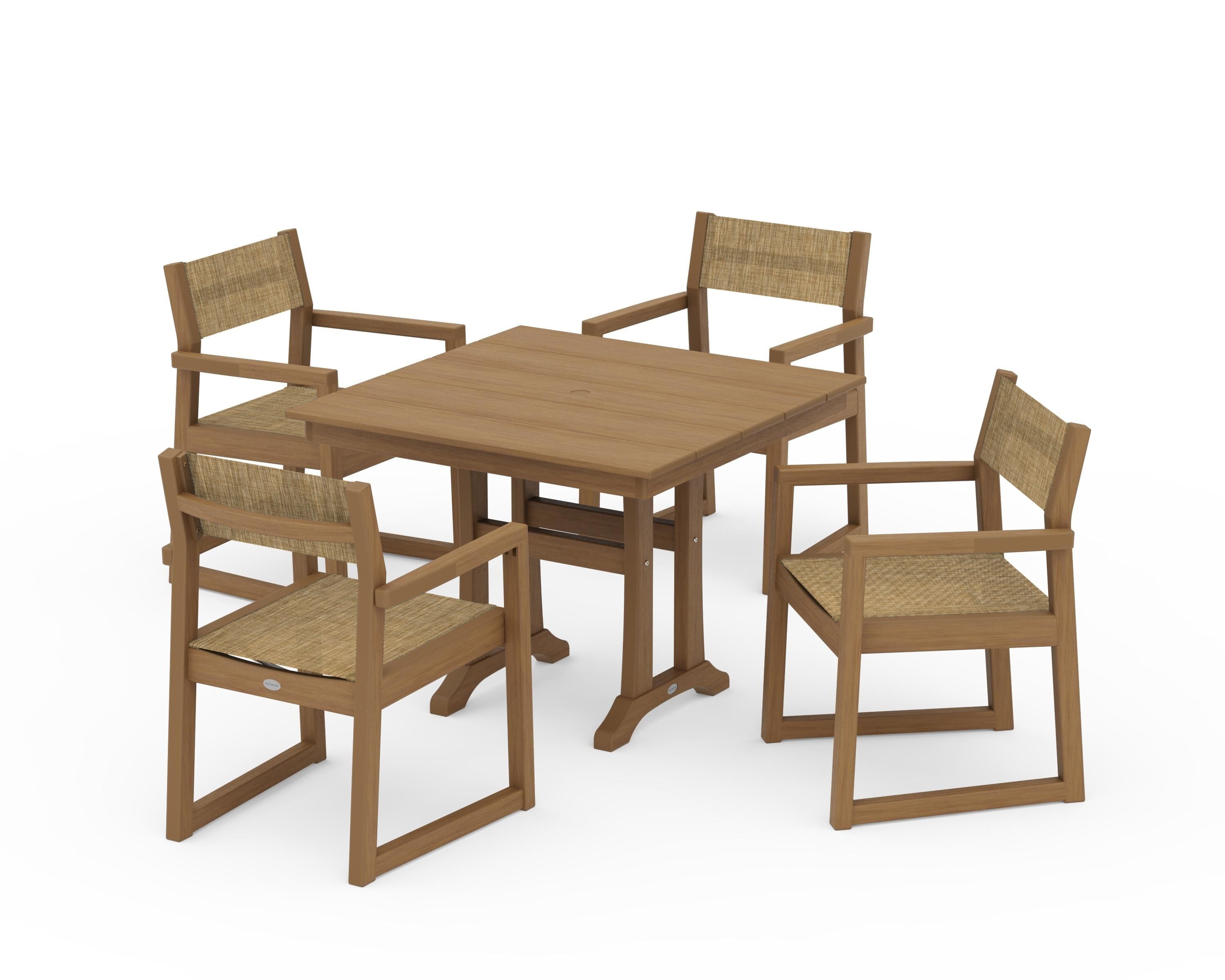 POLYWOOD EDGE Sling 5-Piece Farmhouse Dining Set with Trestle Legs in Natural / Burlap Sling