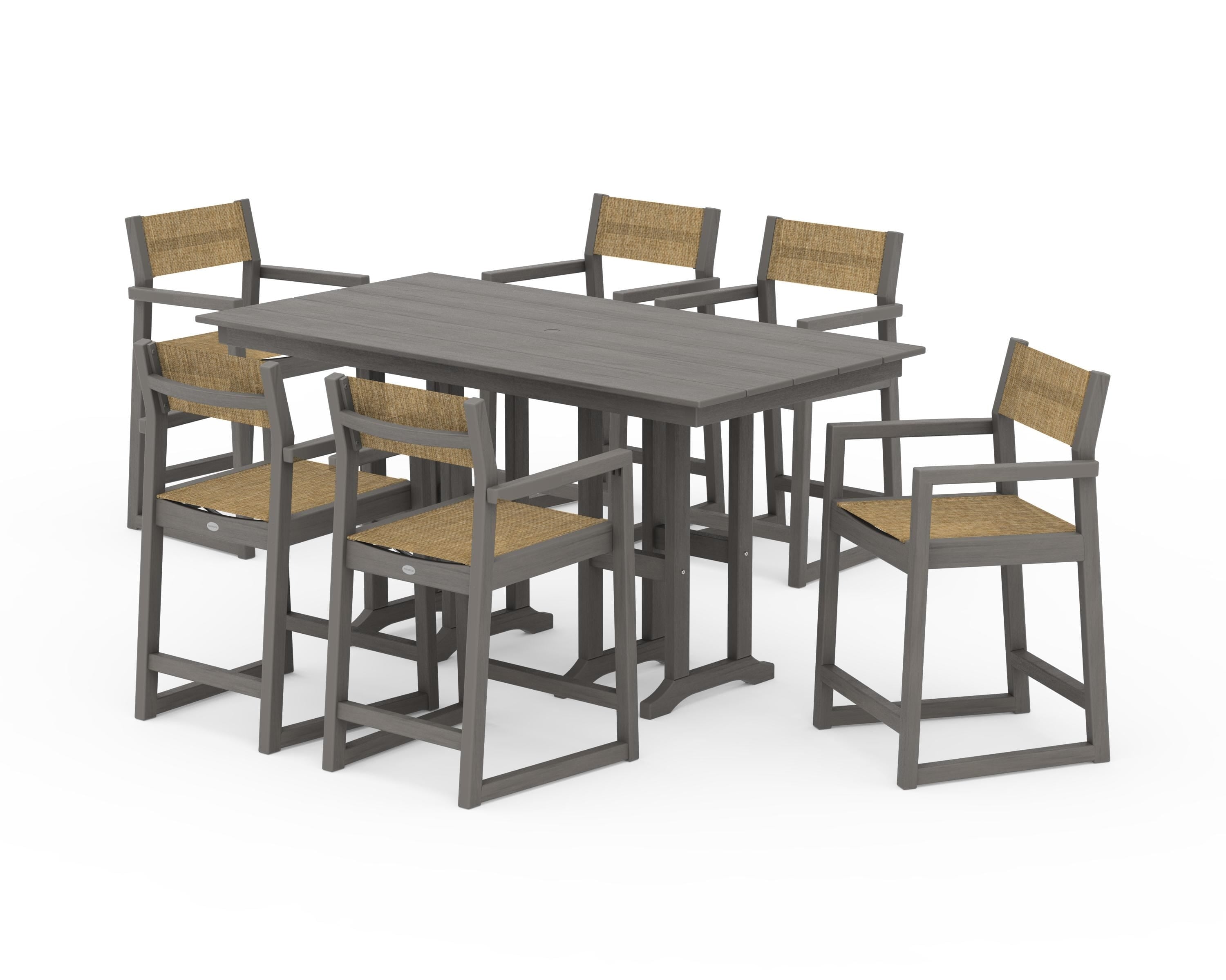 POLYWOOD EDGE Sling Arm Chair 7-Piece Farmhouse Counter Set in Driftwood / Burlap Sling