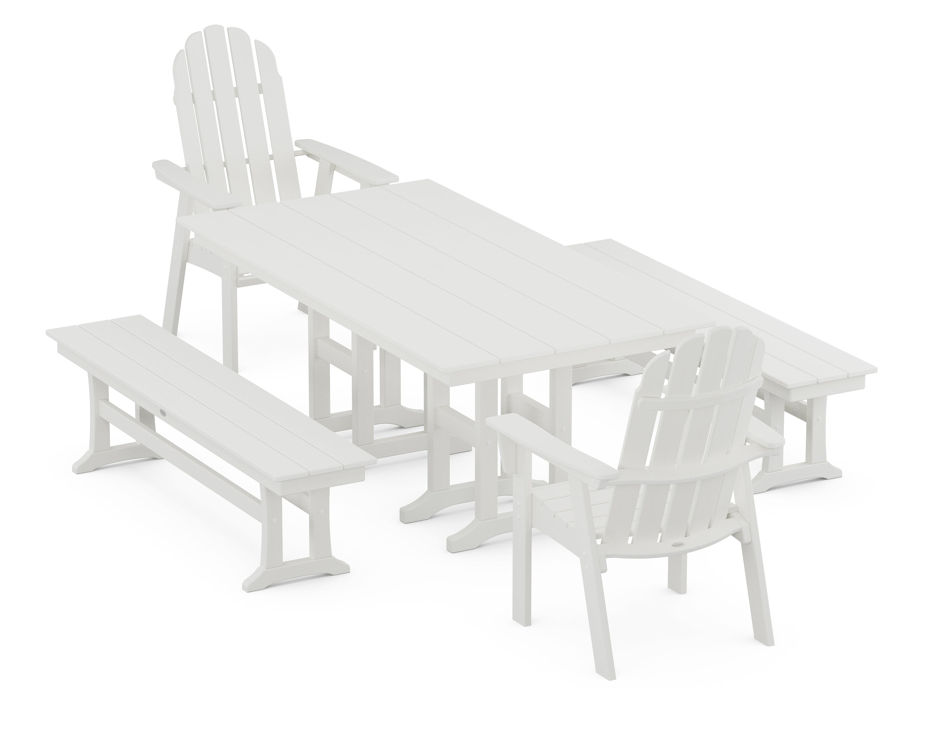 POLYWOOD® Vineyard Curveback Adirondack 5-Piece Farmhouse Dining Set with Benches in Vintage White