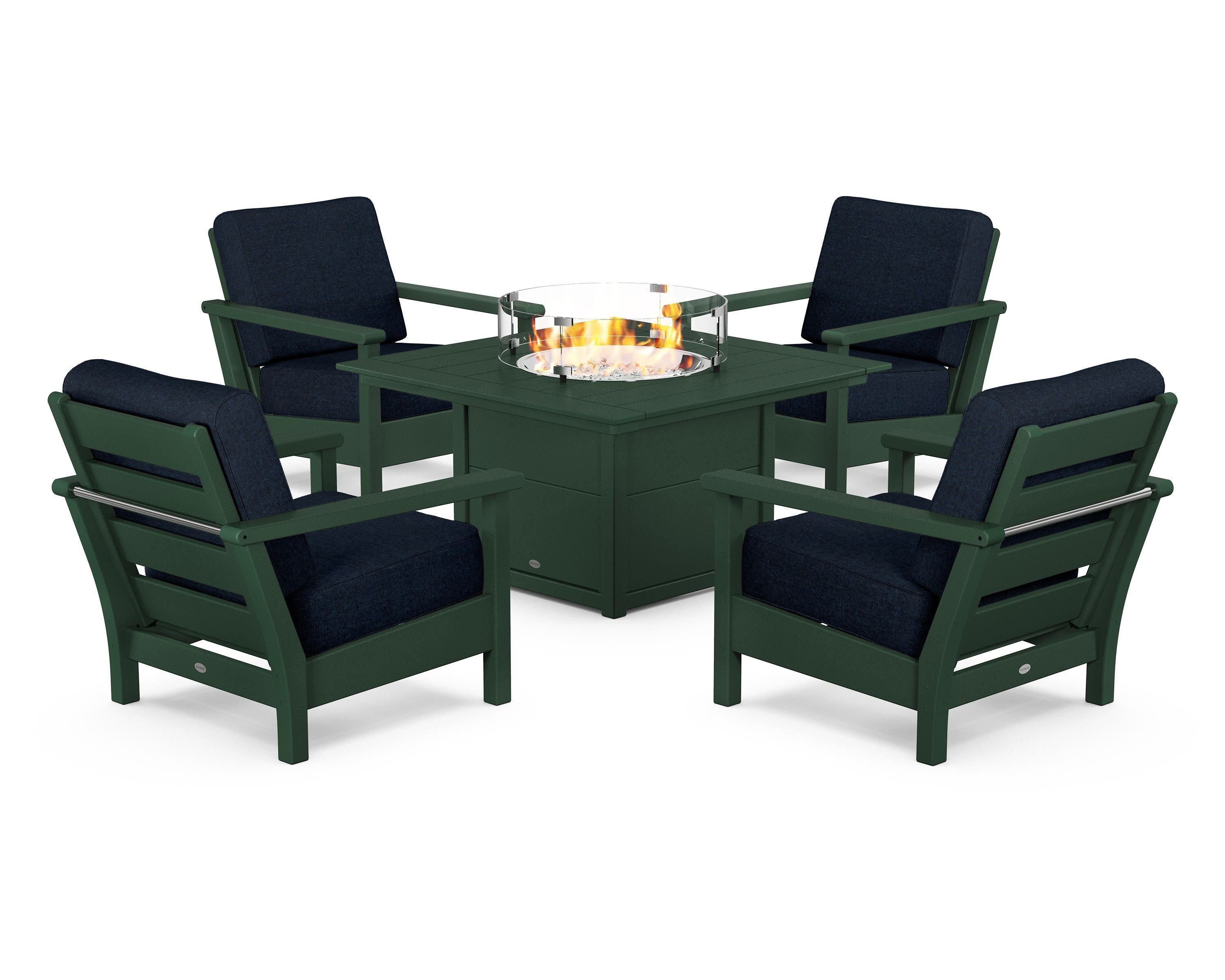 POLYWOOD Harbour 5-Piece Conversation Set with Fire Pit Table in Green / Marine Indigo