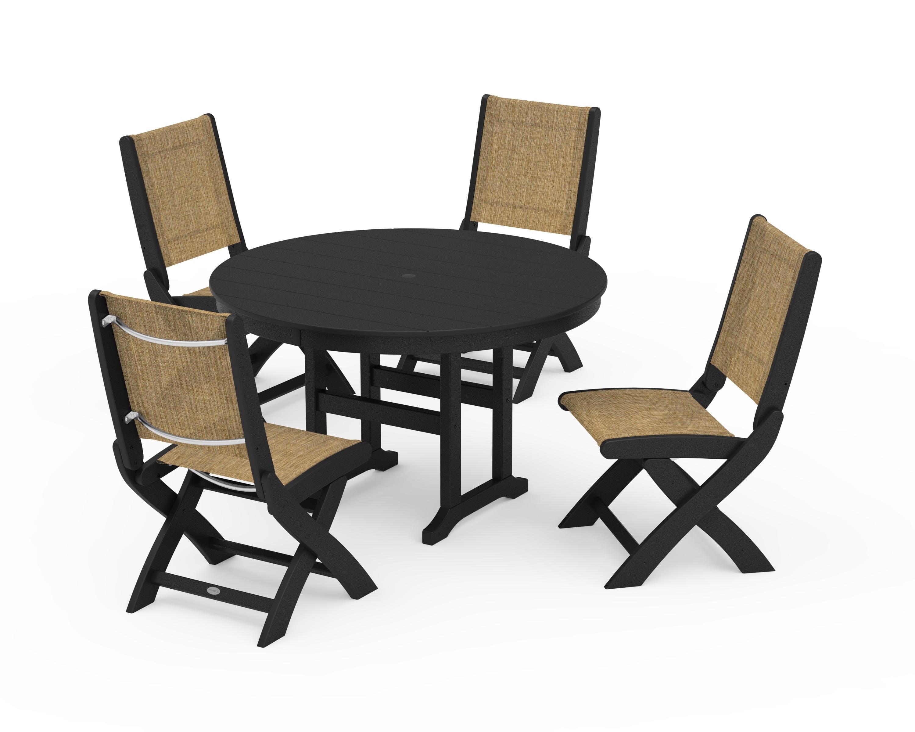 POLYWOOD Coastal Folding Side Chair 5-Piece Round Dining Set in Black / Burlap Sling