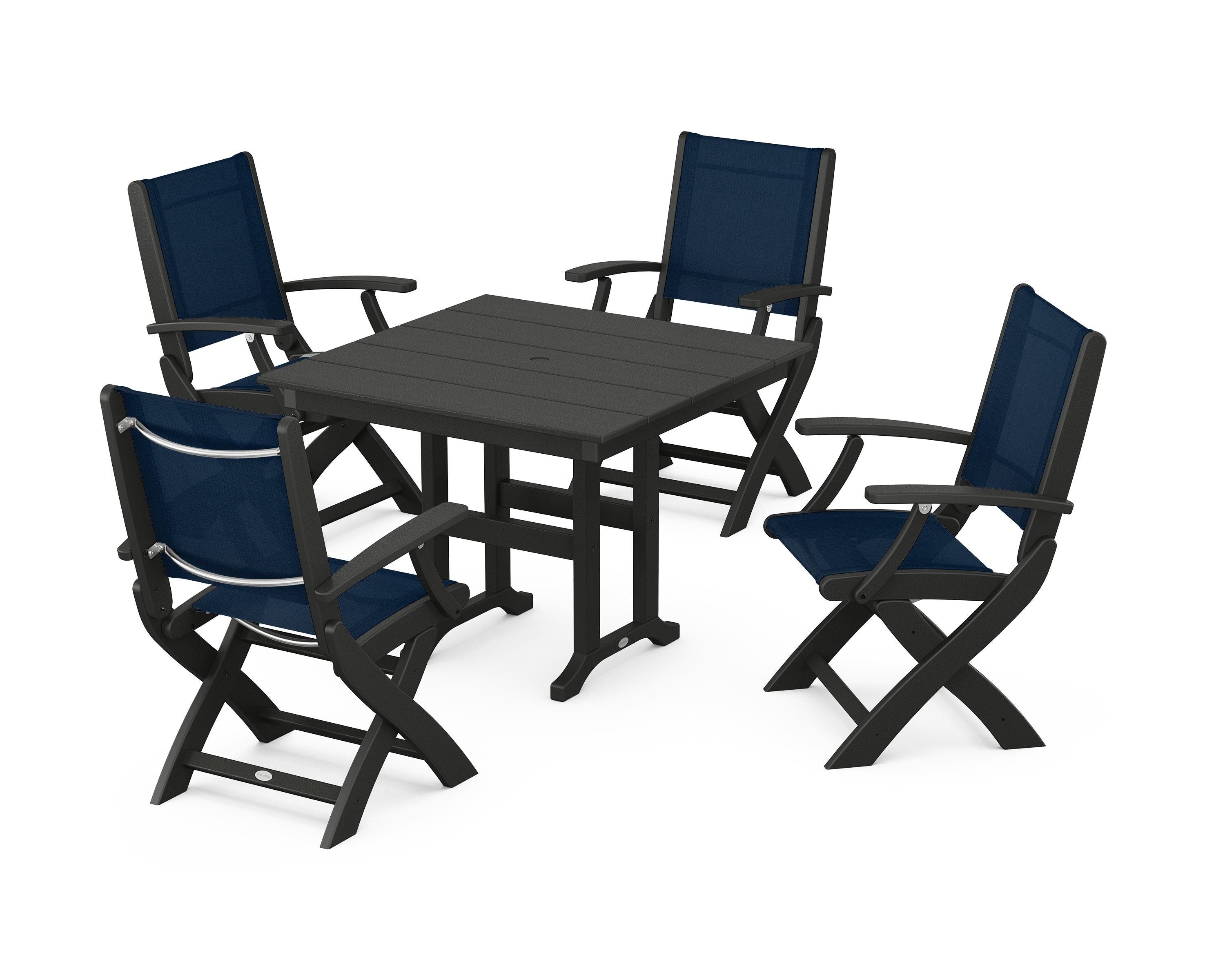 POLYWOOD Coastal Folding Chair 5-Piece Farmhouse Dining Set in Black / Navy Blue Sling