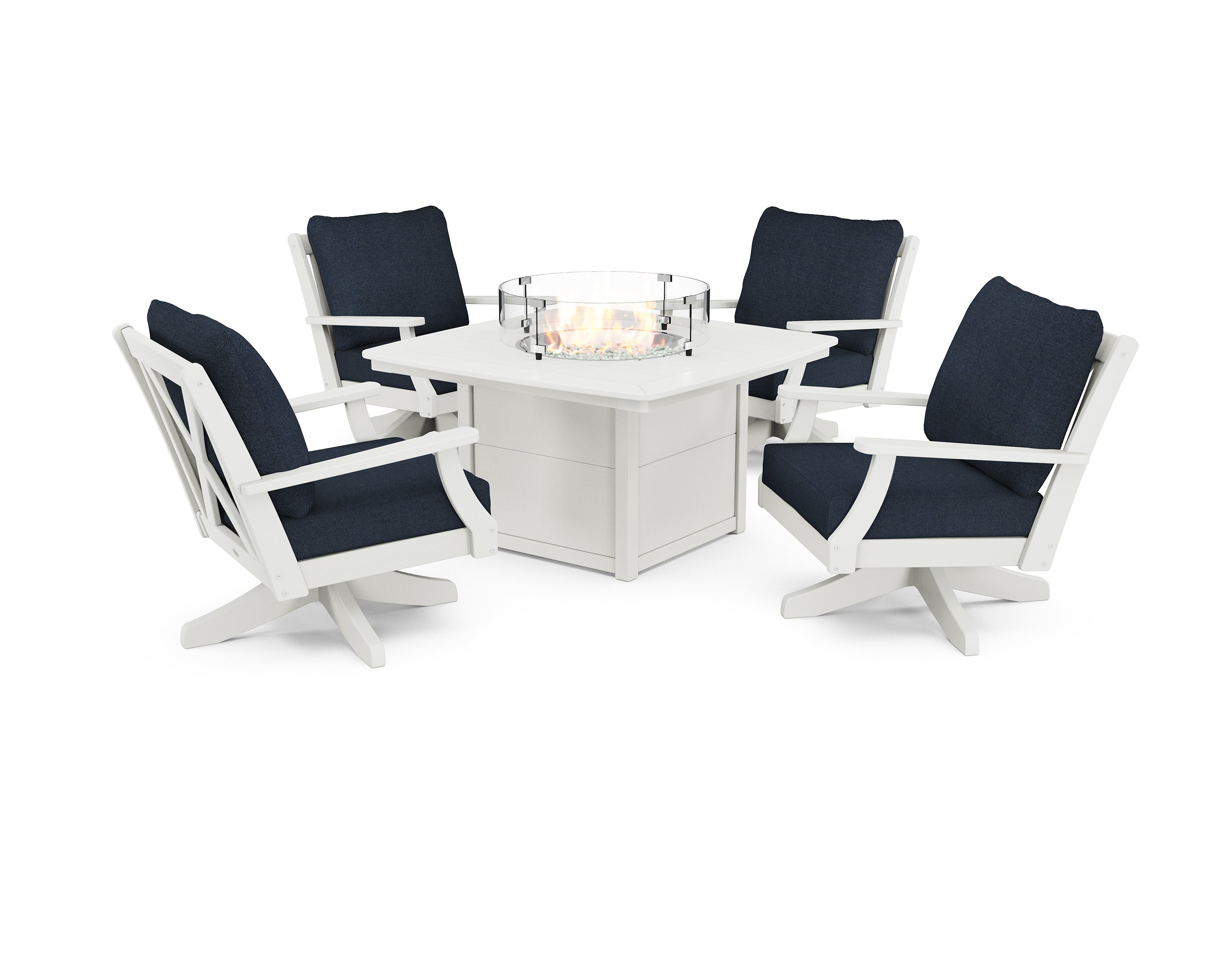 POLYWOOD Braxton 5-Piece Deep Seating Swivel Conversation Set with Fire Pit Table in Vintage White / Marine Indigo