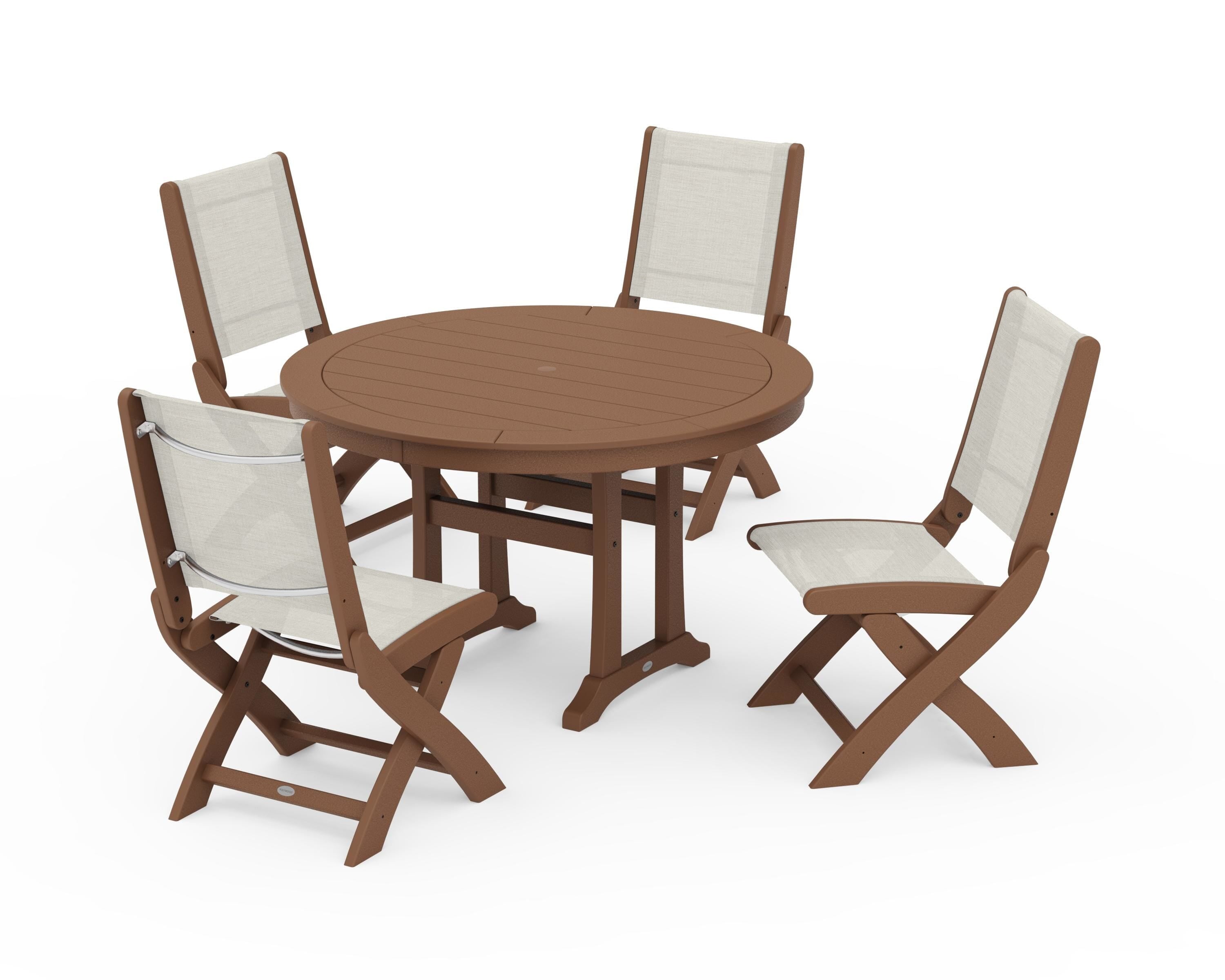 POLYWOOD Coastal Folding Side Chair 5-Piece Round Dining Set With Trestle Legs in Teak / Parchment Sling