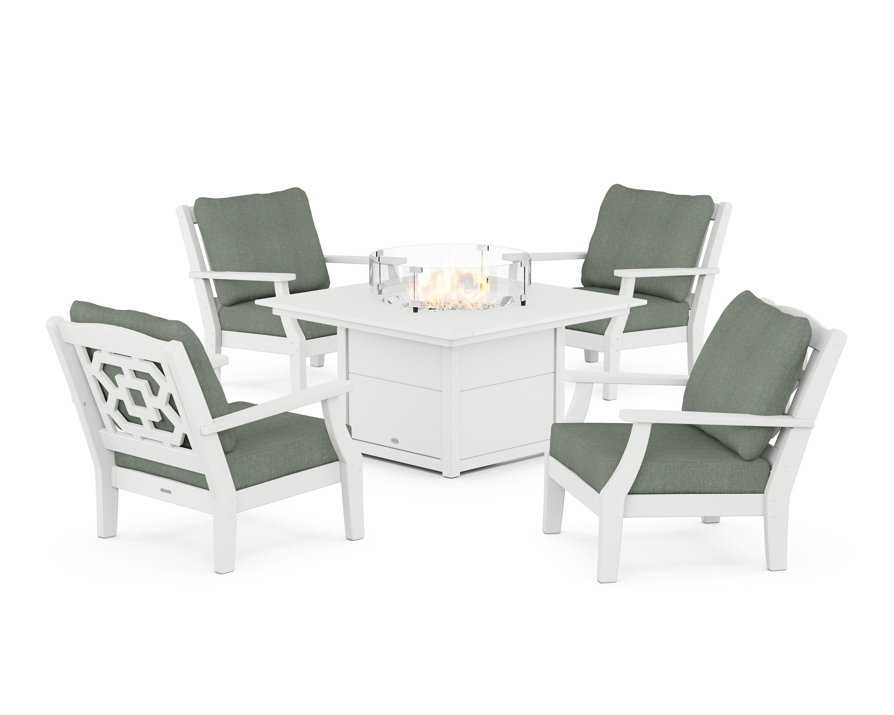 Martha Stewart by POLYWOOD Chinoiserie 5-Piece Deep Seating Set with Fire Pit Table in White / Cast Sage