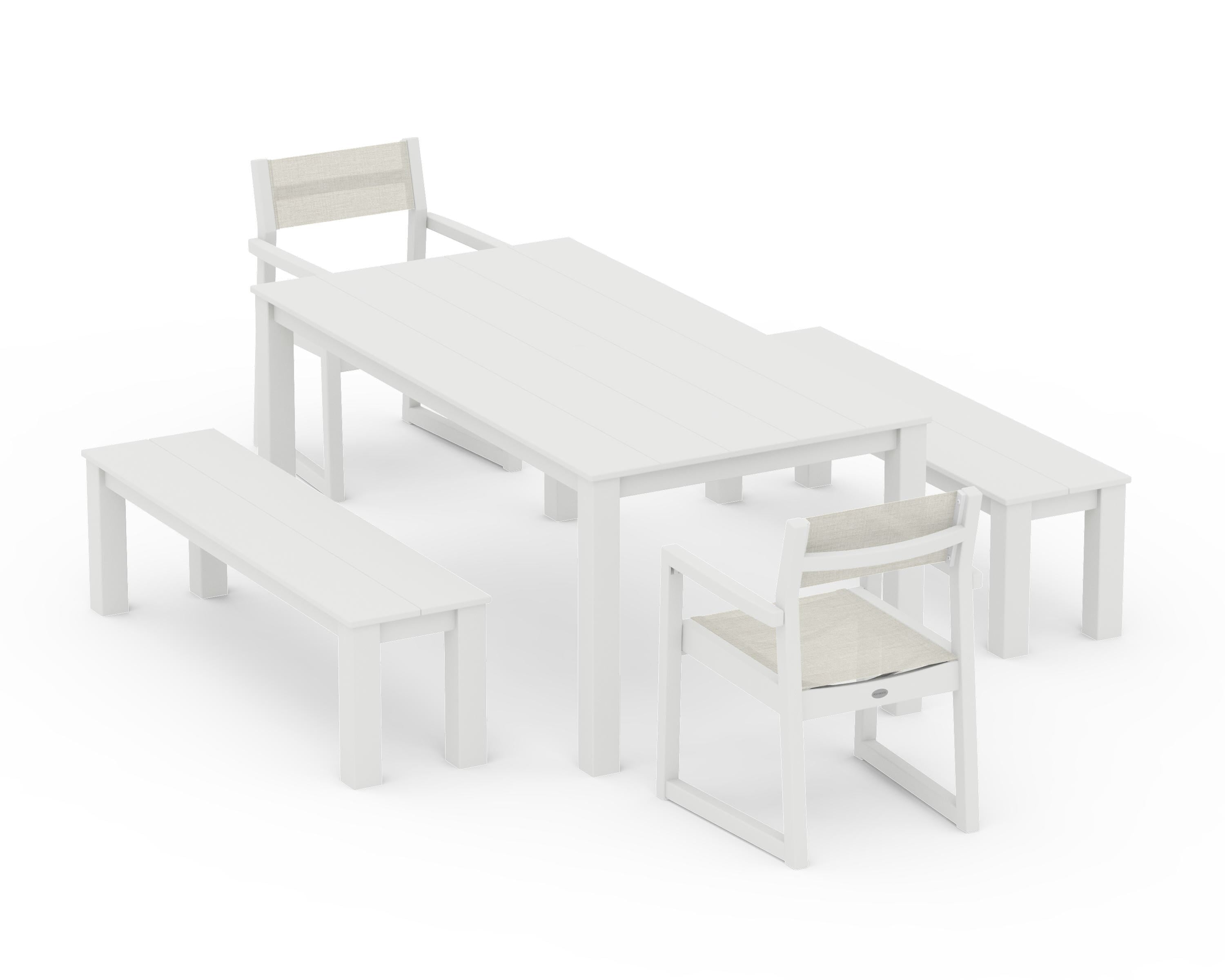 POLYWOOD EDGE Sling Arm Chair 5-Piece Parsons Dining Set with Benches in Vintage White / Parchment Sling