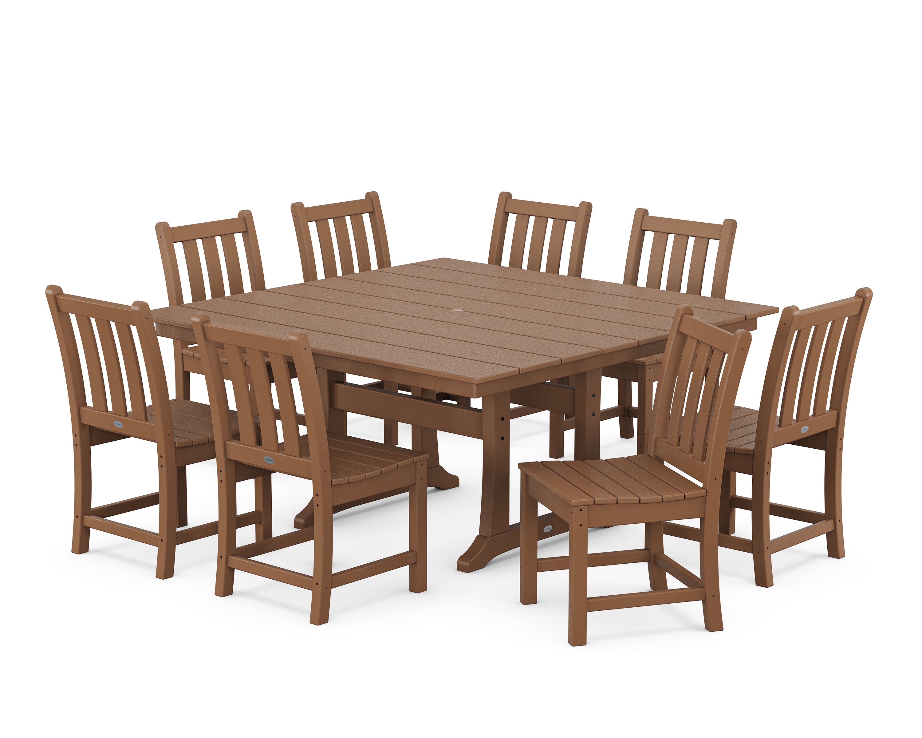 POLYWOOD® Traditional Garden 9-Piece Farmhouse Trestle Dining Set in Teak