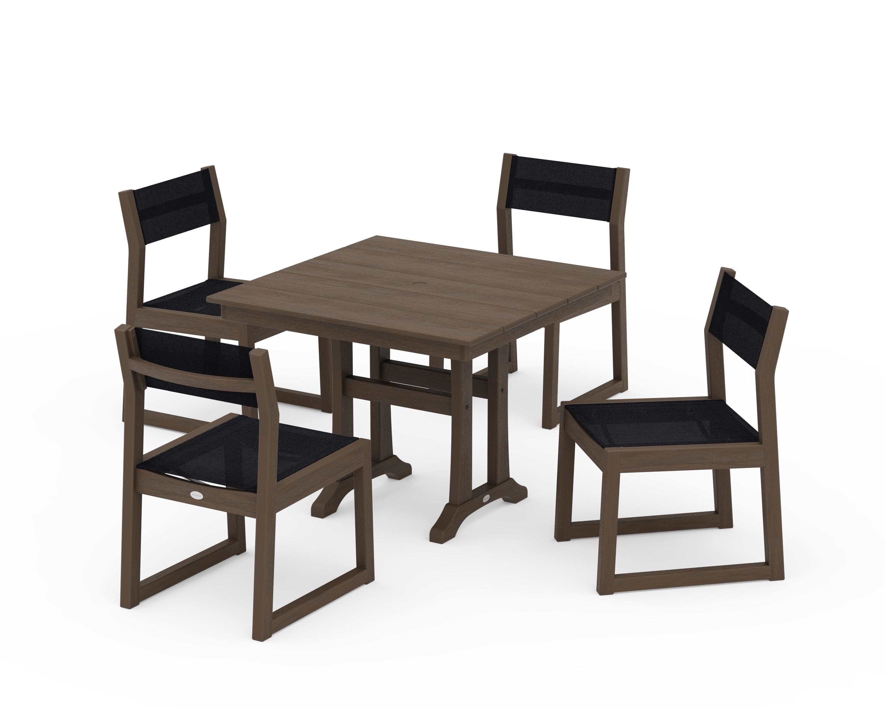 POLYWOOD EDGE Sling 5-Piece Farmhouse Trestle Side Chair Dining Set in Kona / Black Sling