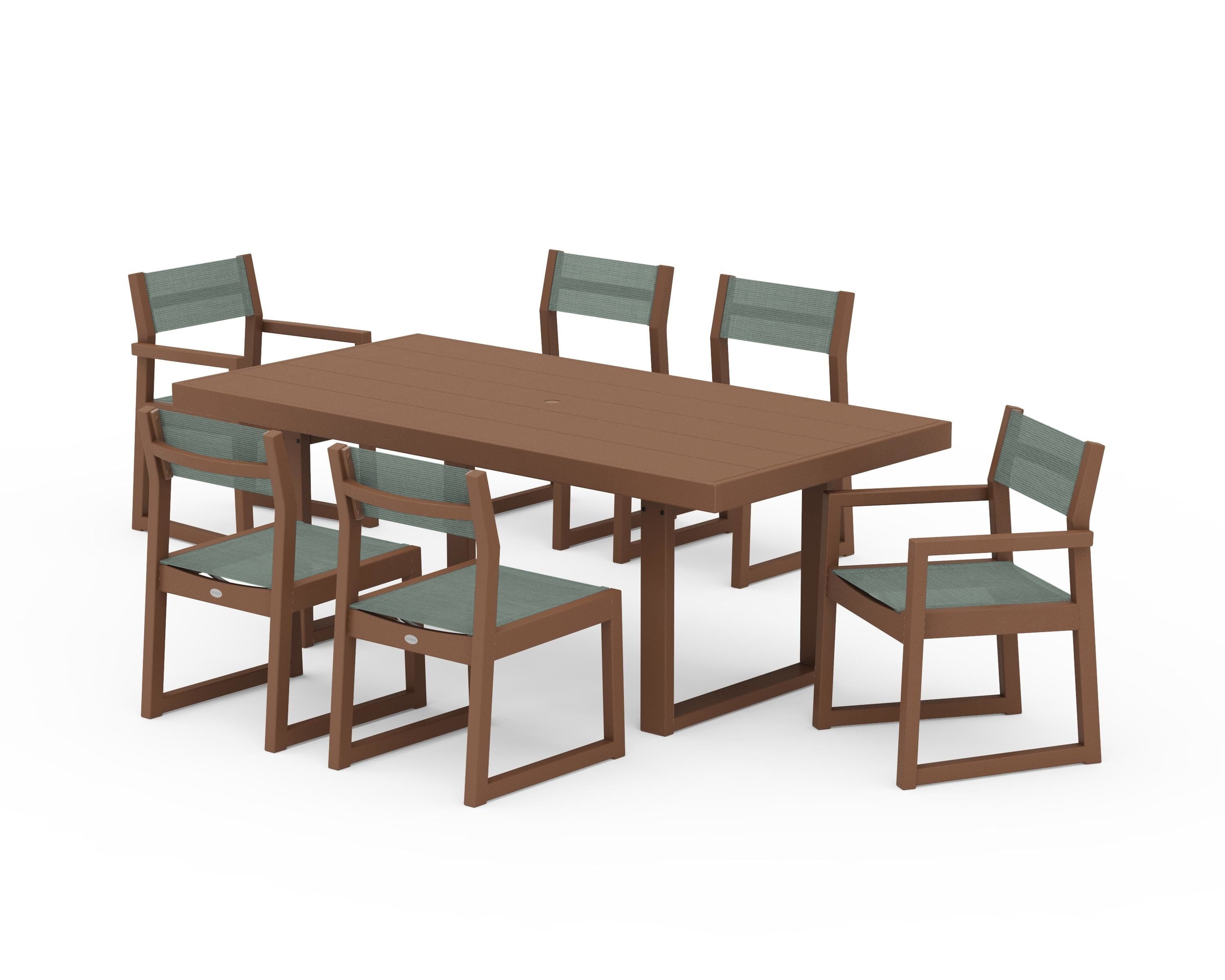 POLYWOOD EDGE Sling 7-Piece Dining Set in Teak / Dupioni Sea Mist Sling