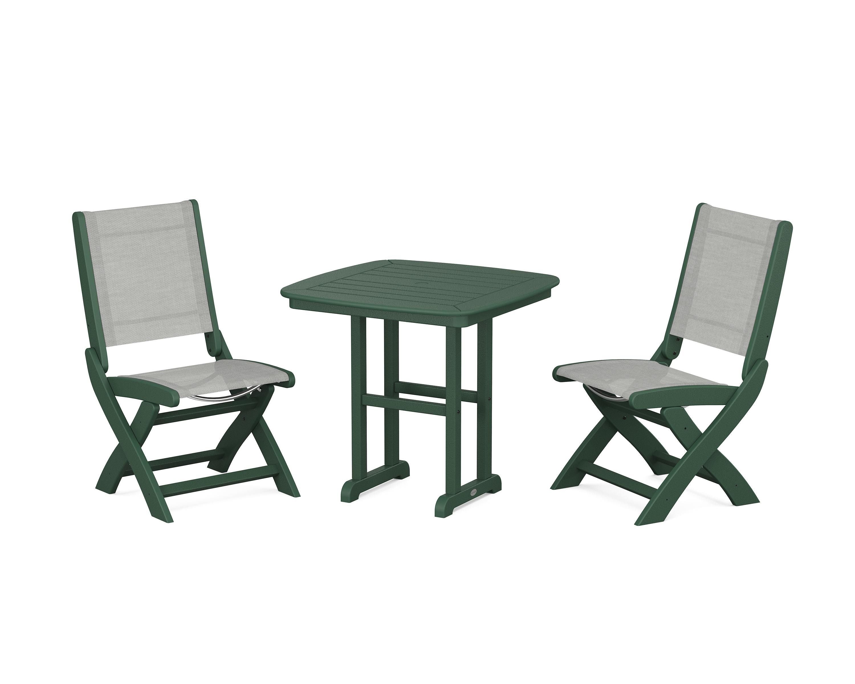 POLYWOOD Coastal Folding Side Chair 3-Piece Dining Set in Green / Metallic Sling