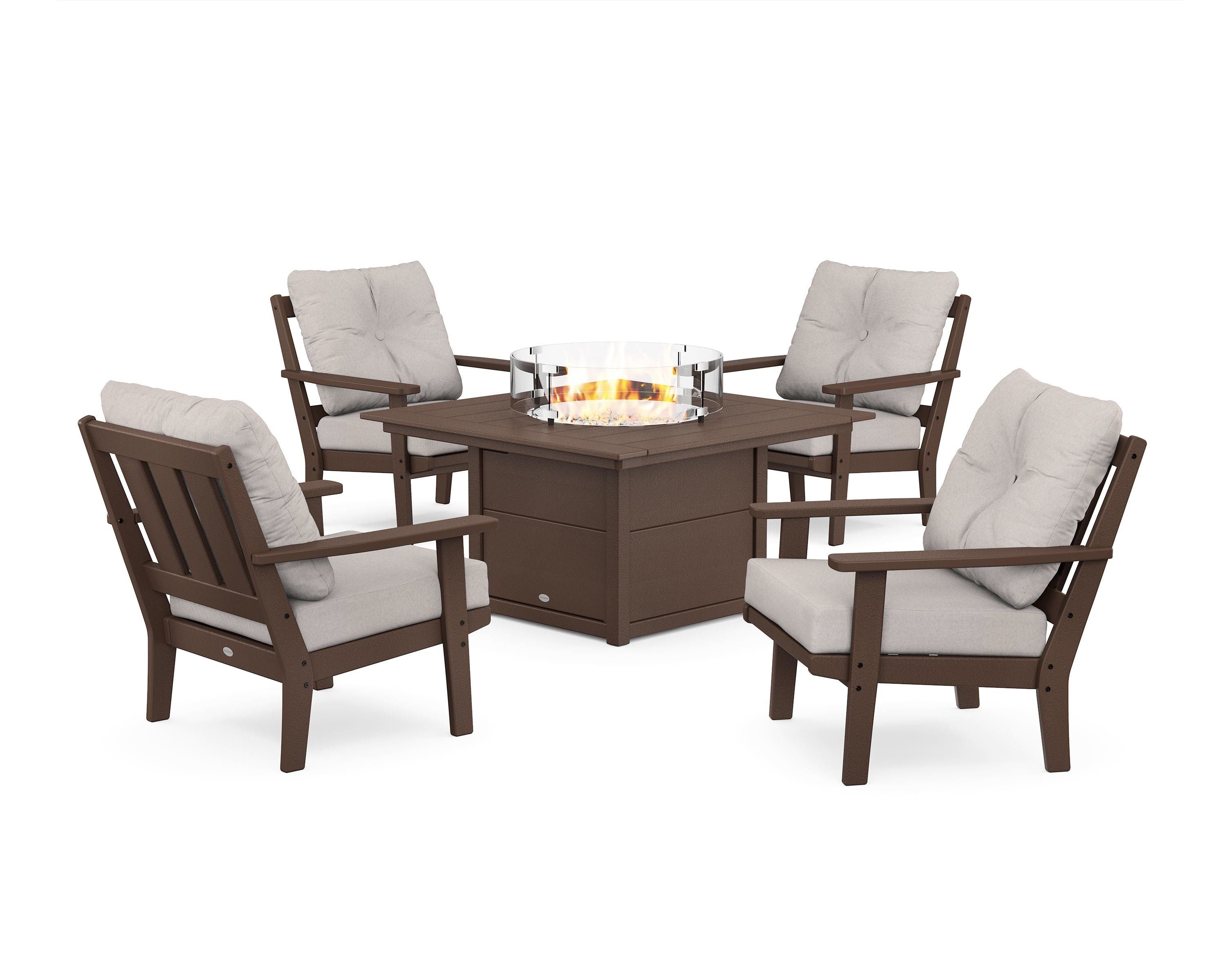POLYWOOD Oxford 5-Piece Deep Seating Set with Fire Pit Table in Mahogany / Dune Burlap
