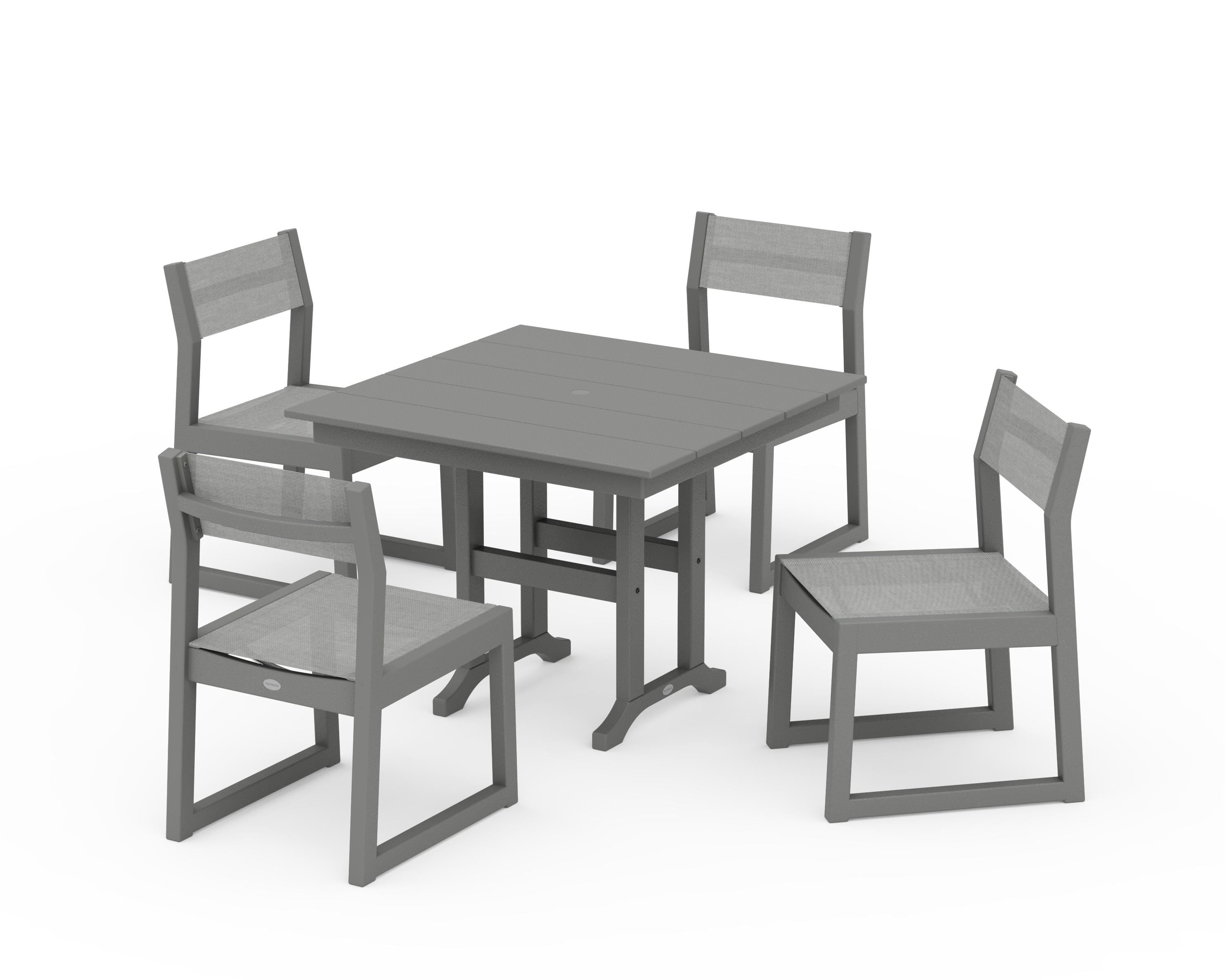 POLYWOOD EDGE Sling Side Chair 5-Piece Farmhouse Dining Set in Slate Grey / Metallic Sling