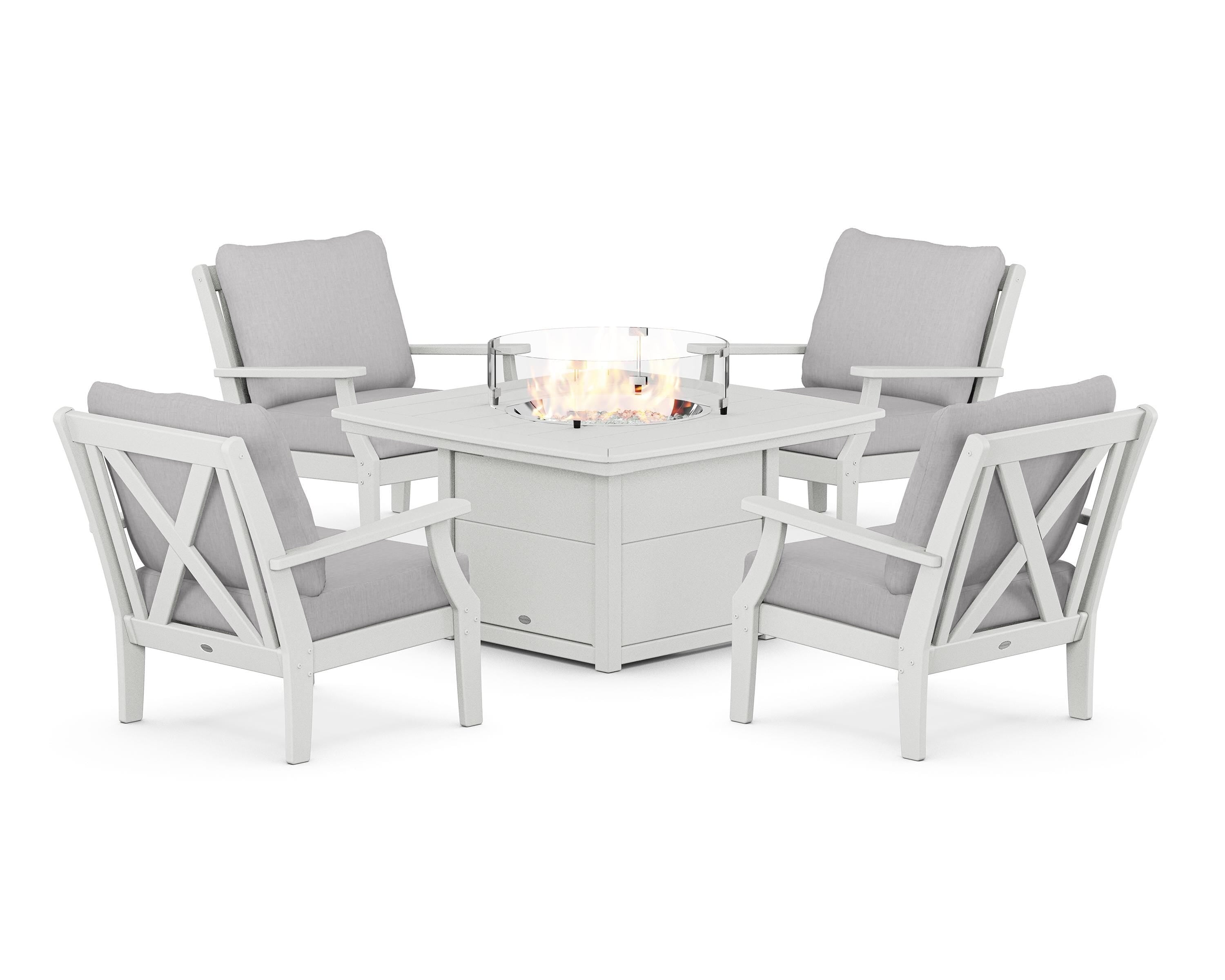 POLYWOOD Braxton 5-Piece Deep Seating Conversation Set with Fire Pit Table in White / Granite