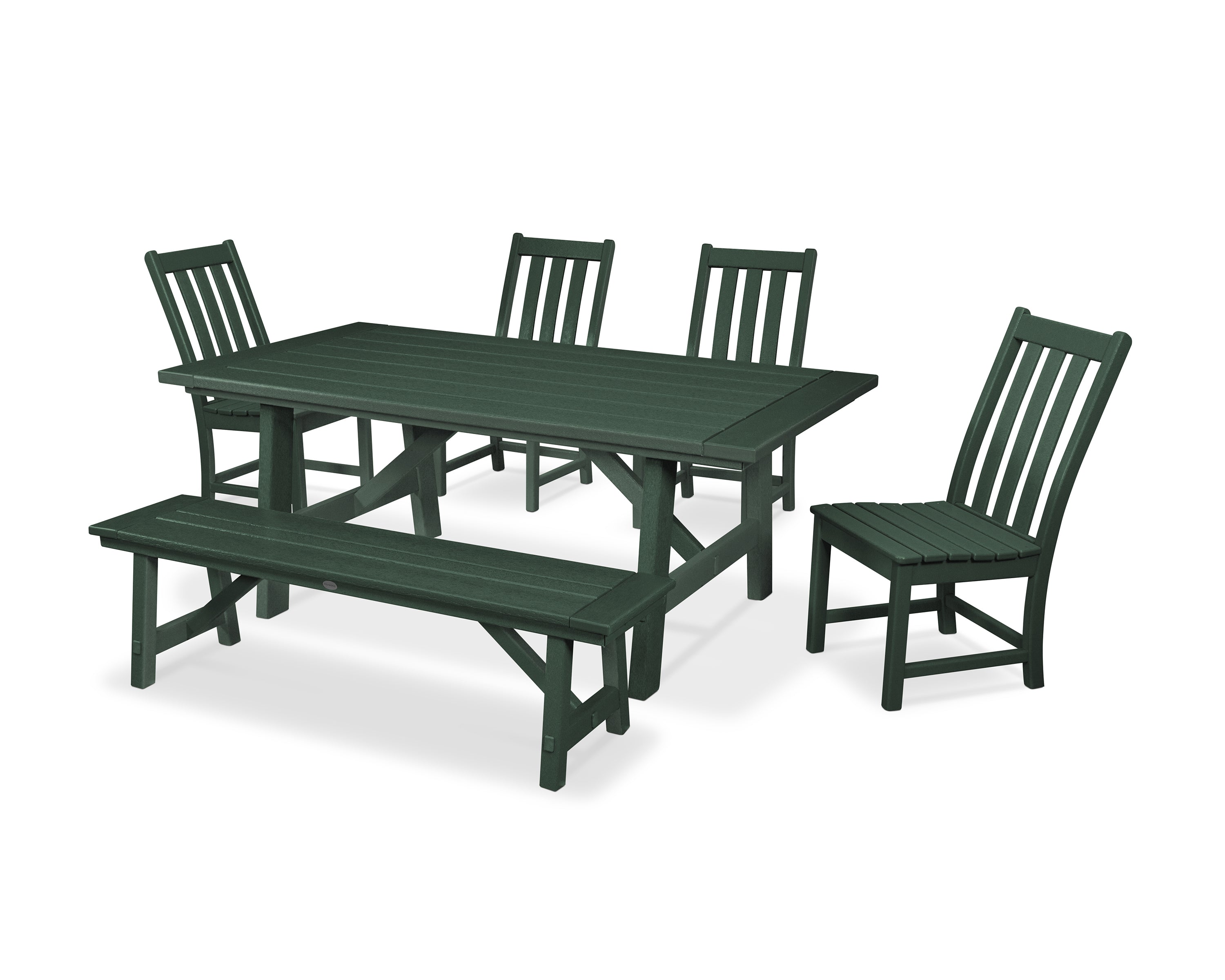 POLYWOOD® Vineyard 6-Piece Rustic Farmhouse Side Chair Dining Set with Bench in Green