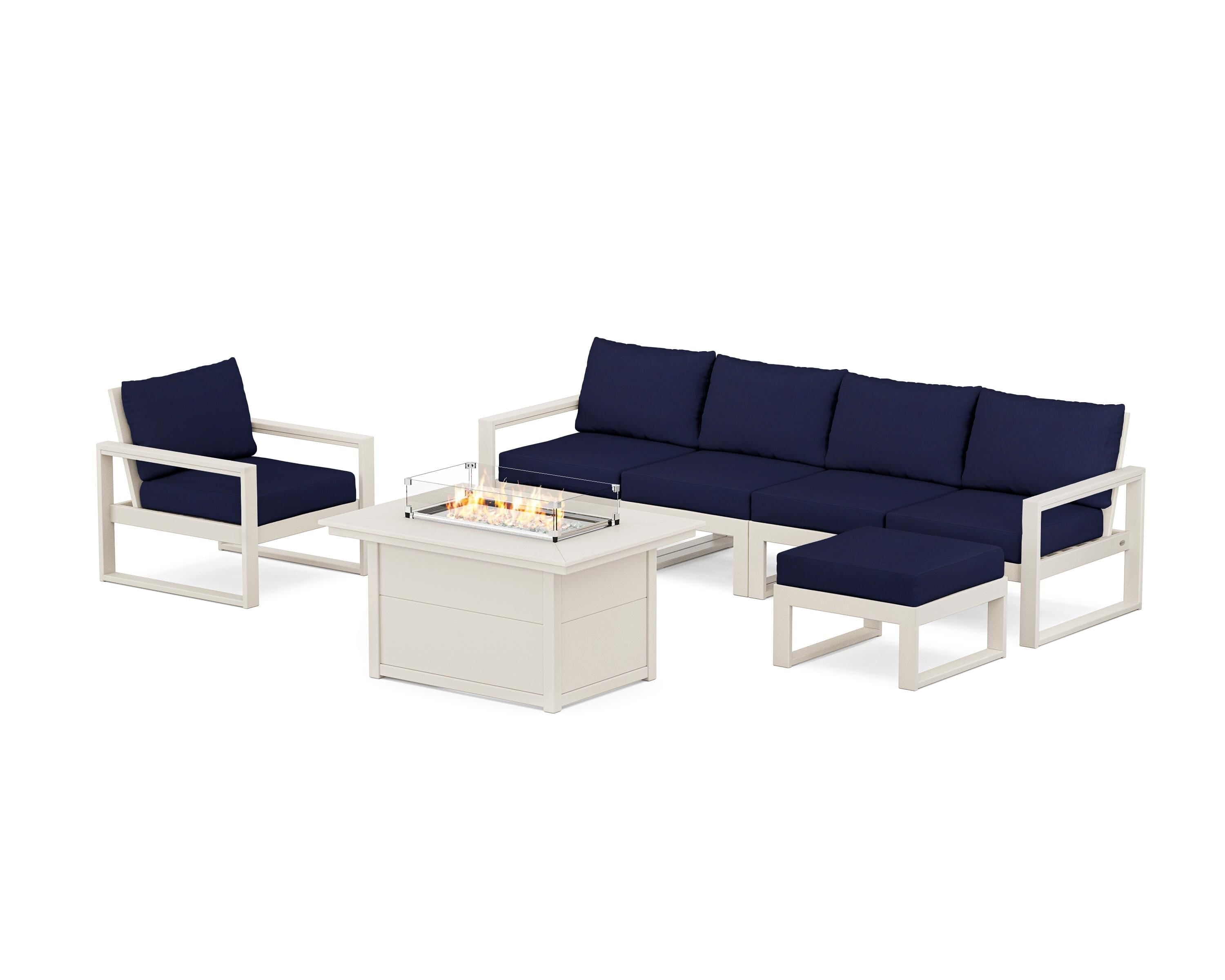 POLYWOOD EDGE Sectional Lounge and Fire Pit Set in Sand / Navy