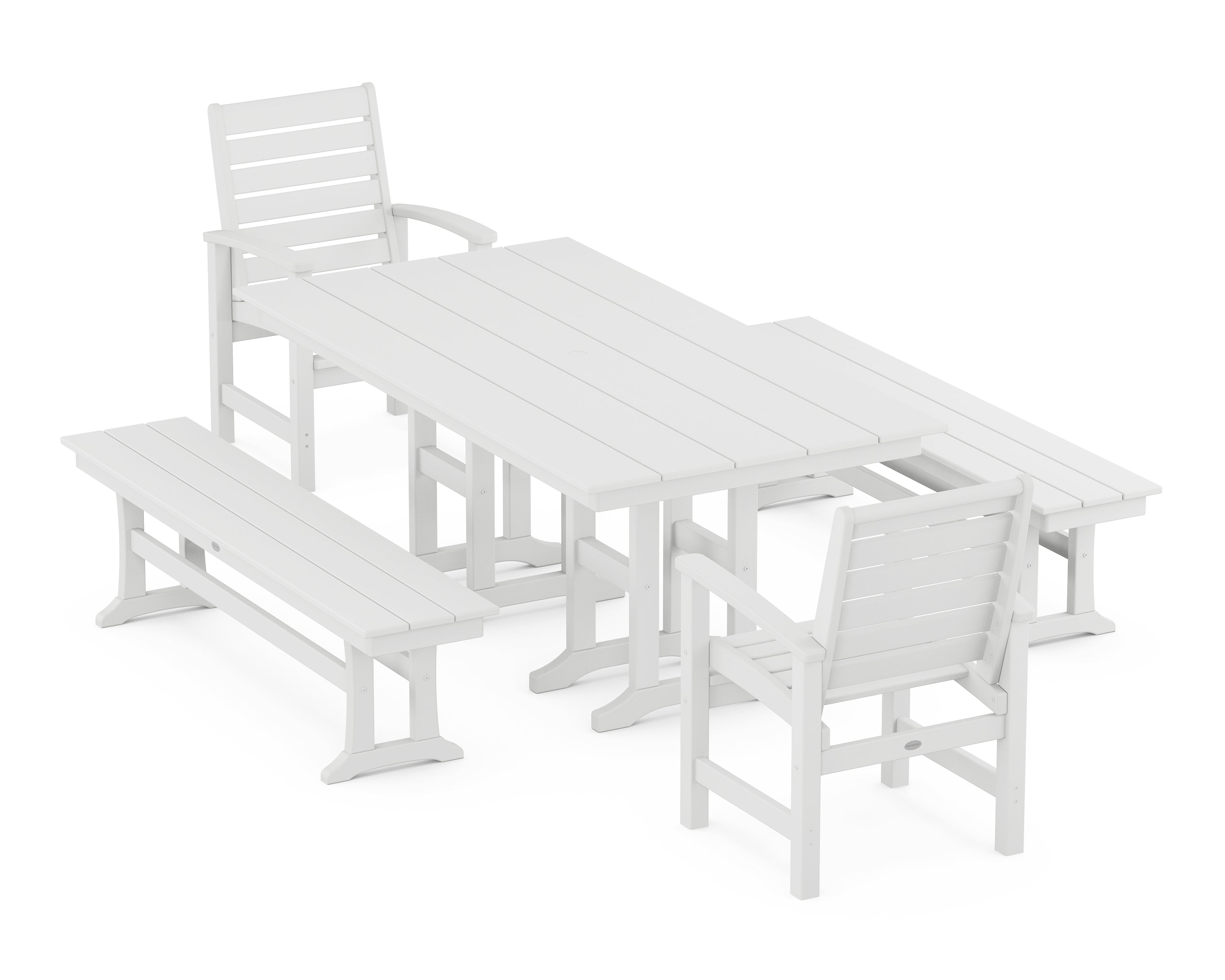 POLYWOOD® Signature 5-Piece Farmhouse Dining Set with Benches in White