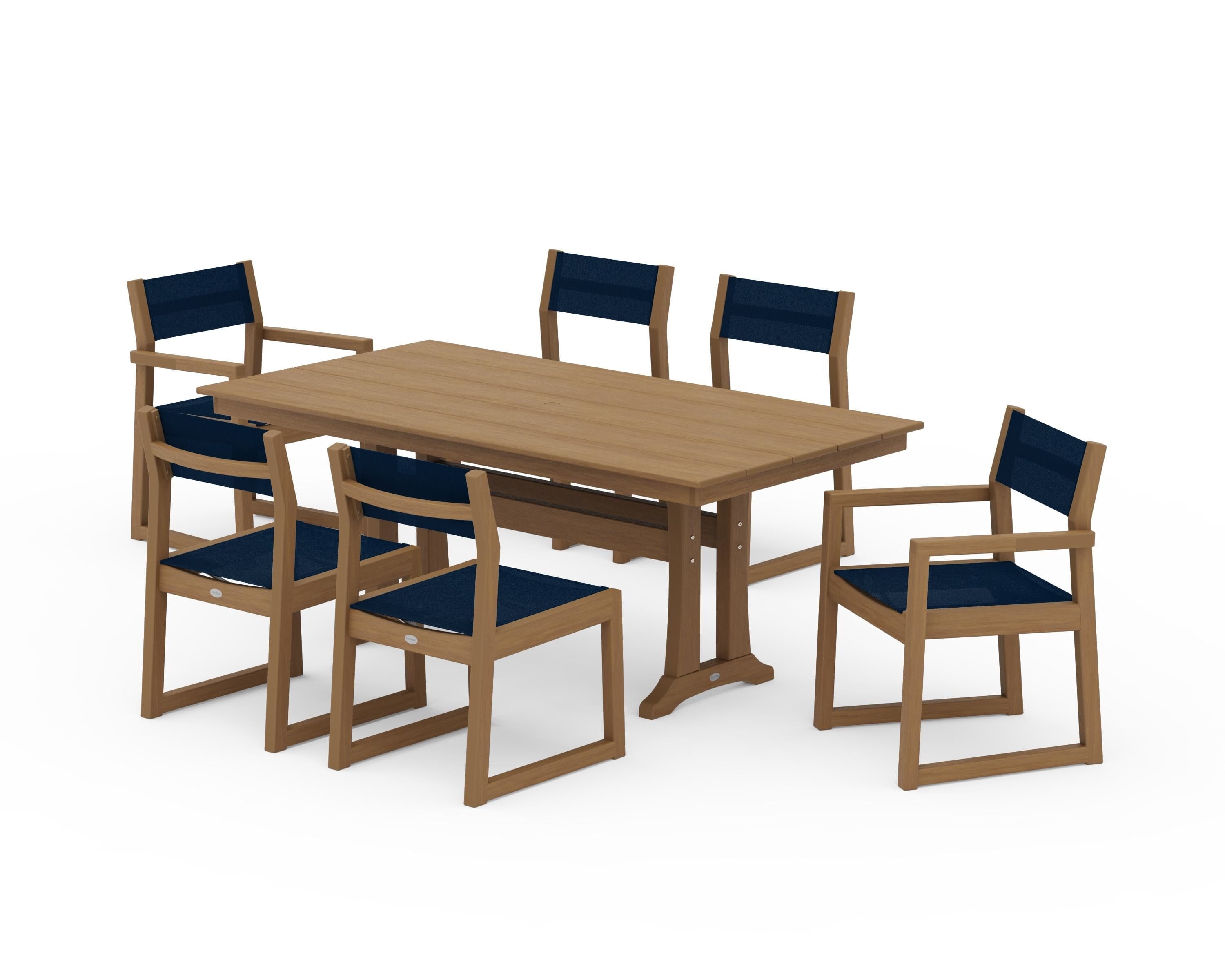 POLYWOOD EDGE Sling 7-Piece Farmhouse Trestle Dining Set in Natural / Navy Blue Sling