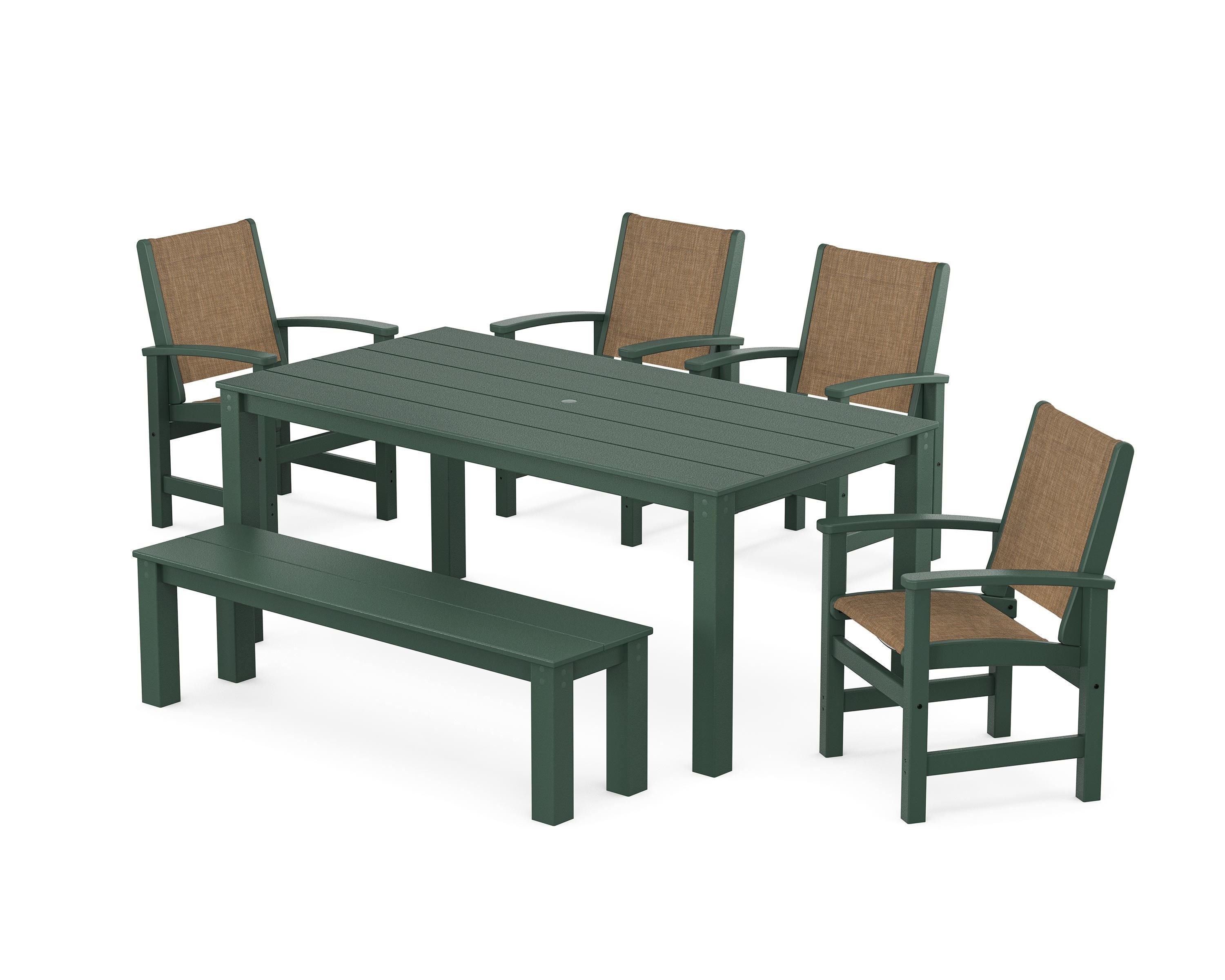 POLYWOOD Coastal 6-Piece Parsons Dining Set with Bench in Green / Burlap Sling