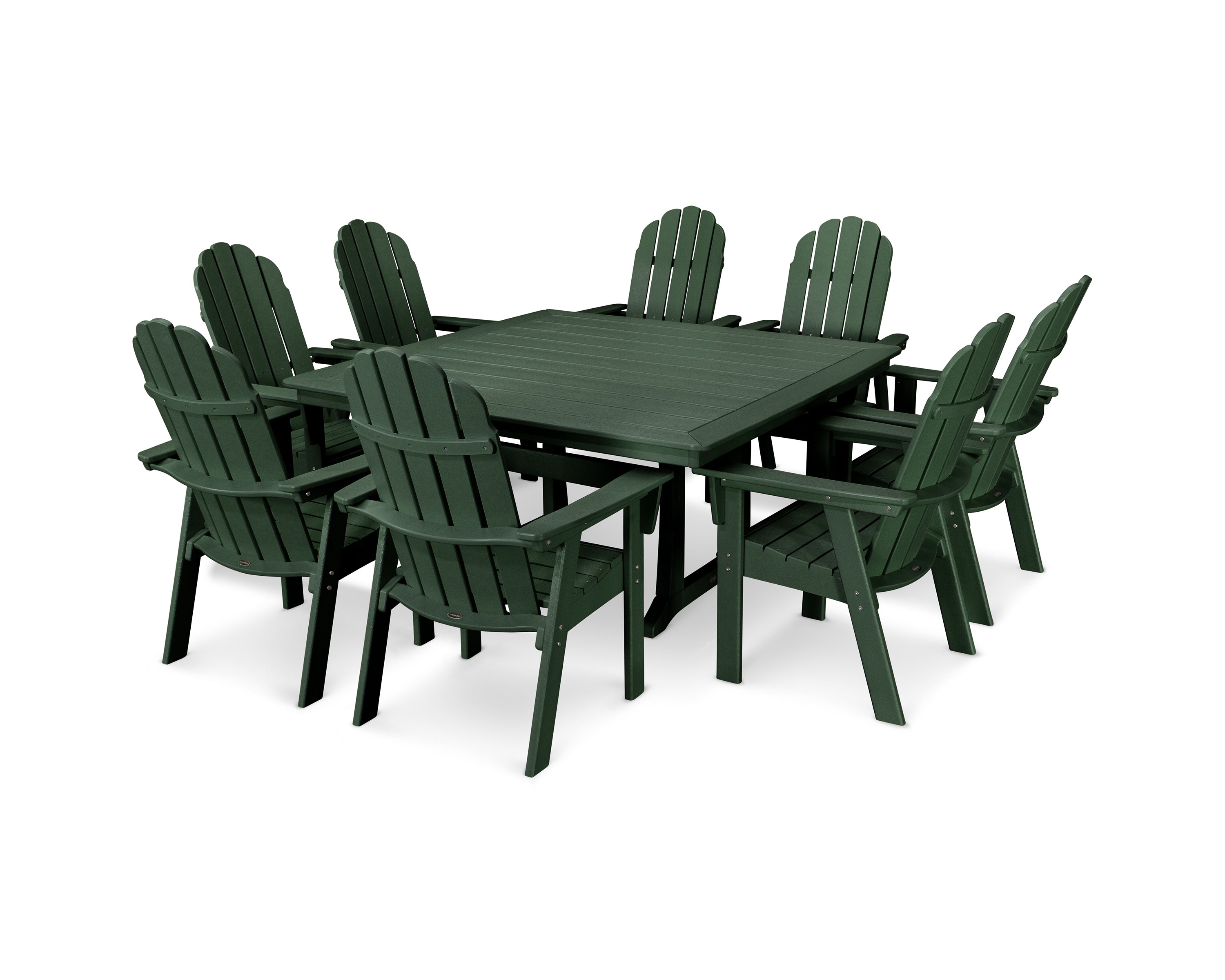 POLYWOOD® Vineyard Curveback Adirondack 9-Piece Nautical Trestle Dining Set in Green